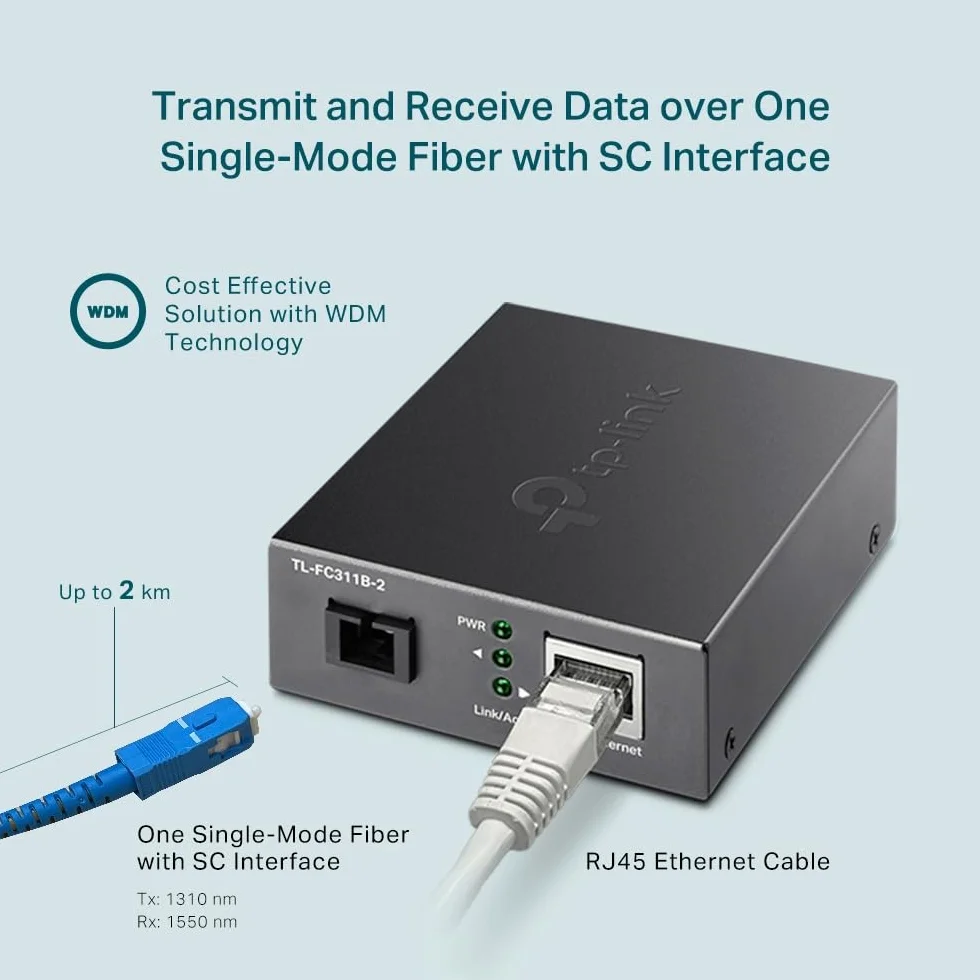 TP-Link TL-FC311B-2 | Gigabitowy konwerter mediów WDM | Port SC jednomodowy | Zasięg do 2 km | TX: 1310 nm/RX: 1550 nm | Kompatybilny z TL-FC311A-2