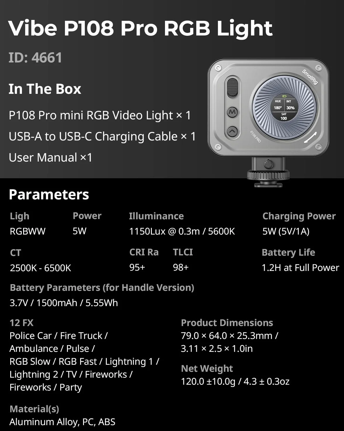 SMALLRIG Vibe P108 Pro RGB Video Light, Przenośna Lampa LED do Fotografii, Lampa do Zimnej Stopki, CRI95+, 2500-6500K, 12 Efektów, Akcesoria do Wypełniania światłem dla Twórców Treści - 4661