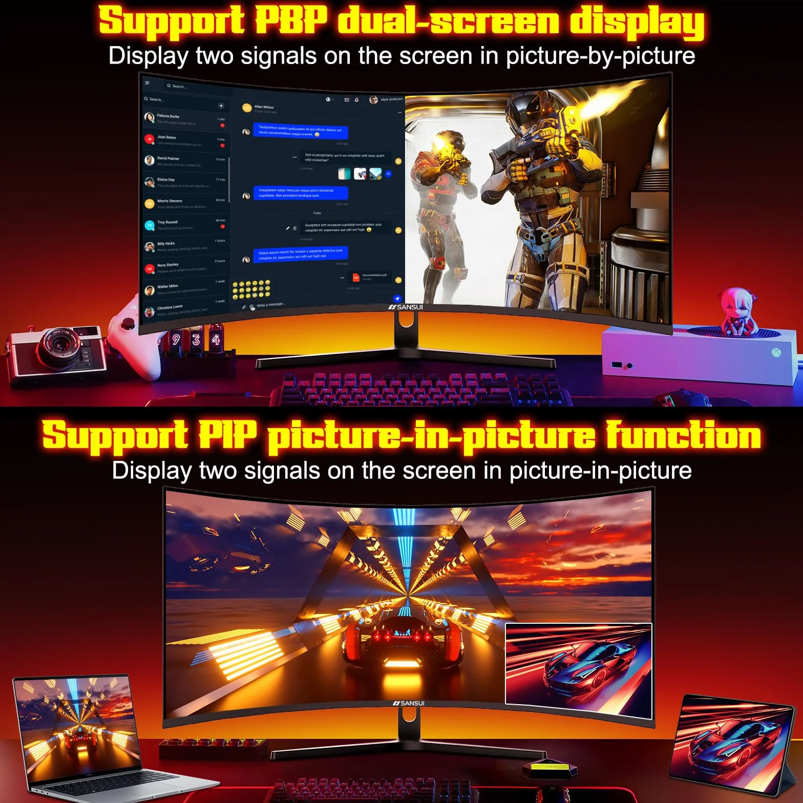 SANSUI Monitor do gier UltraWide UWQHD 3440 x 1440P 240 Hz, zakrzywiony monitor 21:9 2K 1500R, Fast VA, PIP/PBP, AI Crosshair, AIPQ (Visual Enhance), MPRT 1 ms, HDR, HDMI2.1*2, DP1.4 x 2 (oraz oraz