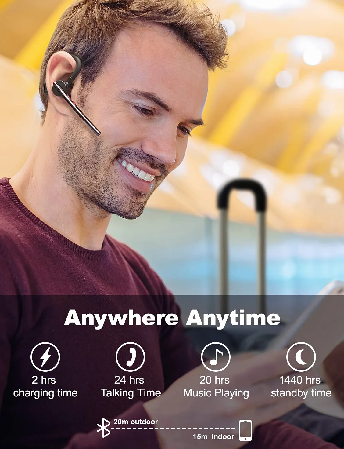 New bee Zestaw słuchawkowy Bluetooth zestaw głośnomówiący Bluetooth V5.2 pojedyncze ucho lekka słuchawka z 24-godzinnym czasem rozmów do iPhone'a, Androida i laptopa