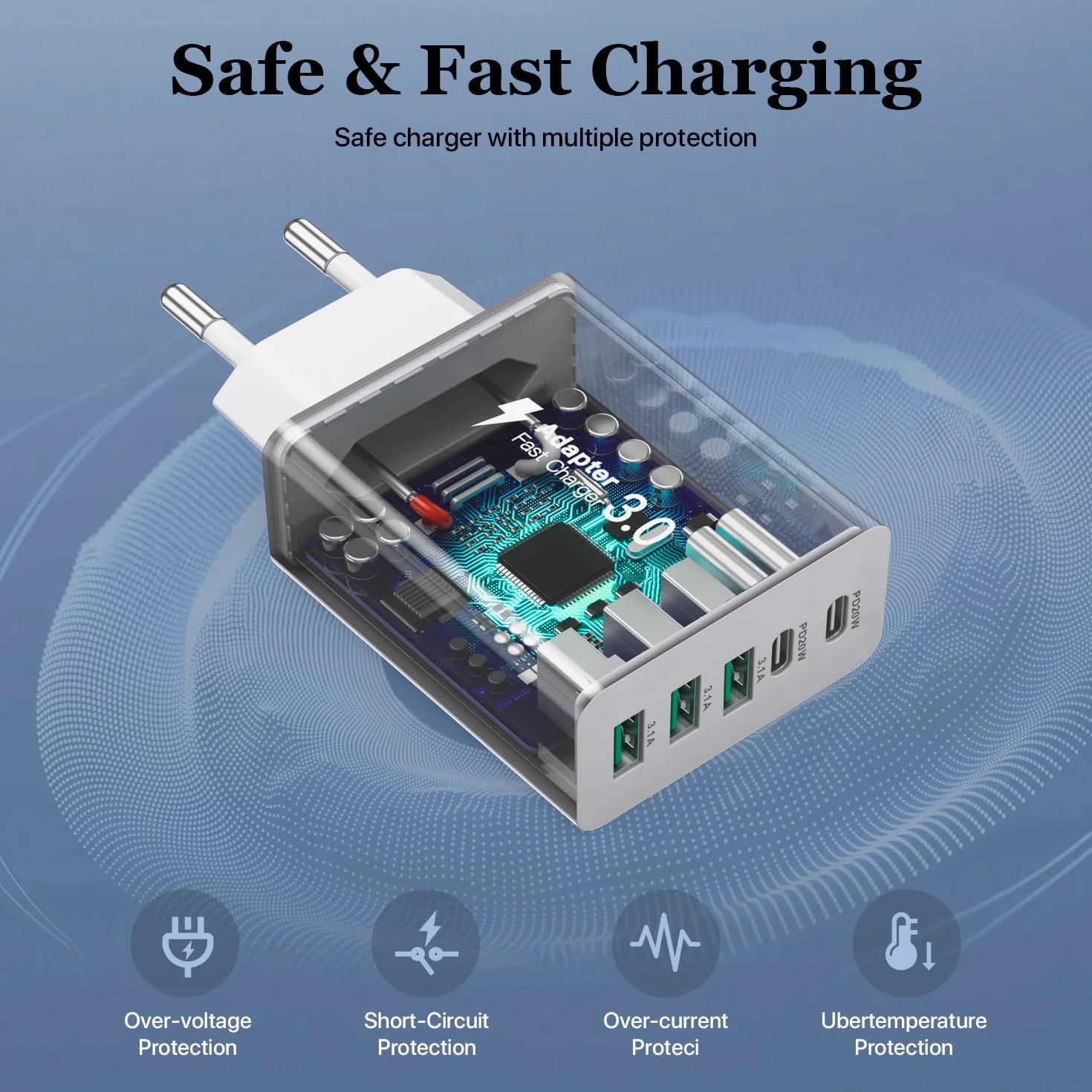 Ładowarka USB C o mocy 50 W, ładowarka z【2 portami USBC i 3 portami USBA】, charger ścienna zasilacza USB o mocy, zasilacz Fast Charge PD 3.0 kompatybilny z iPhone 12/13/14/15/Samsung/tabletami
