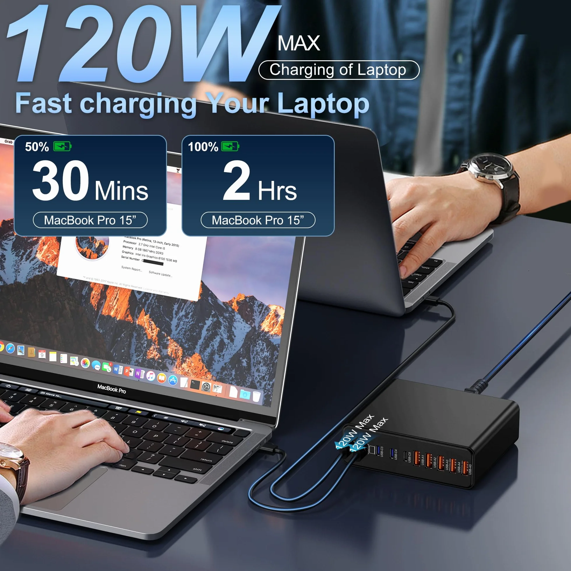 Blok ładujący USB C 800 W, 10-portowa stacja ładująca GaN typu C, adapter ładowarki ściennej USB A do MacBooka Pro/Air, iPhone, iPad, Dell XPS, Samsung Galaxy (czarny błyszczący)