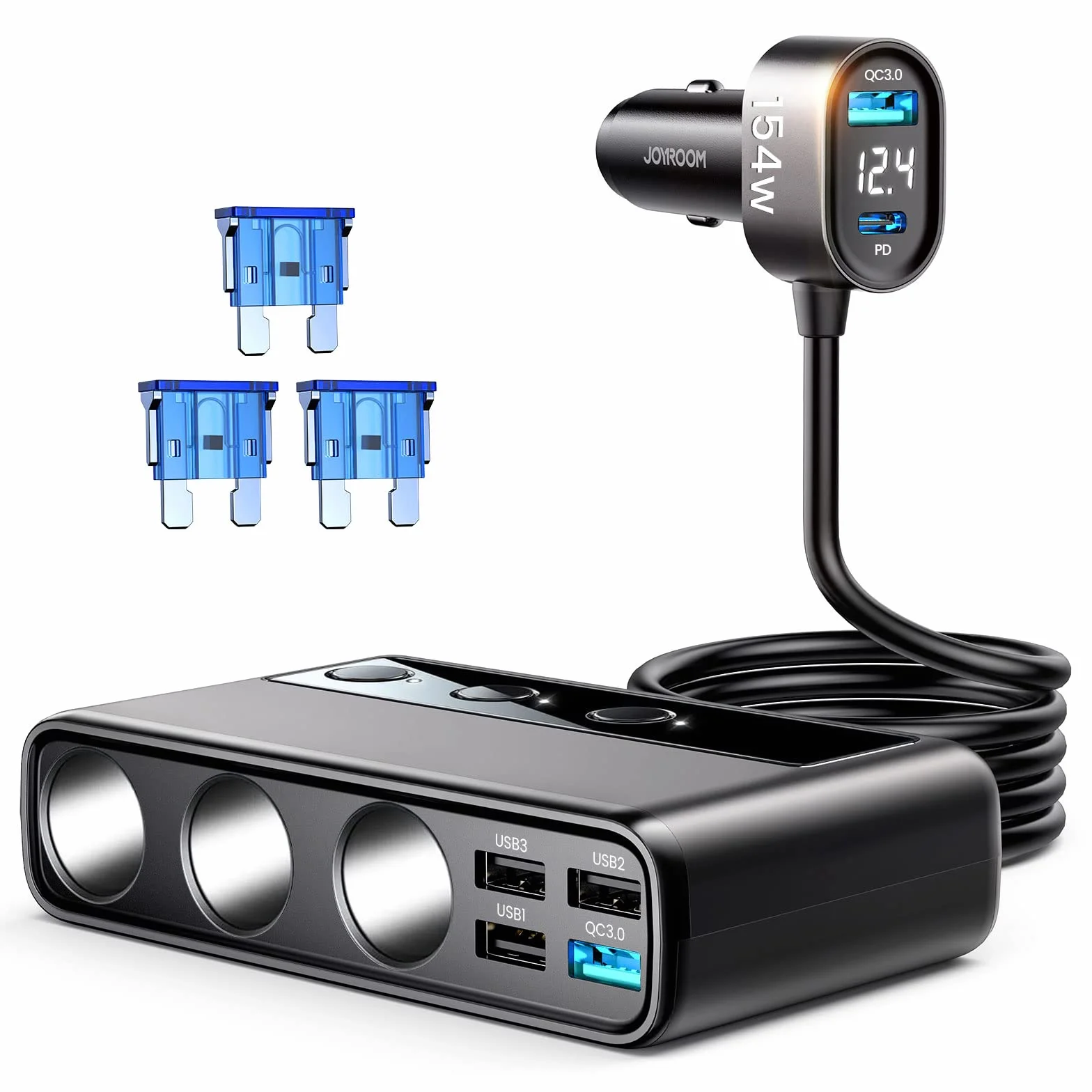 JOYROOM Rozdzielacz zapalniczki, adapter do ładowarki samochodowej 154 W, 3-komorowy rozdzielacz kabla ładującego 12 V/24 V z 5 portami USB do iPhone'a 15/iPada/Dashcam/GPS/ogrzewania siedzenia