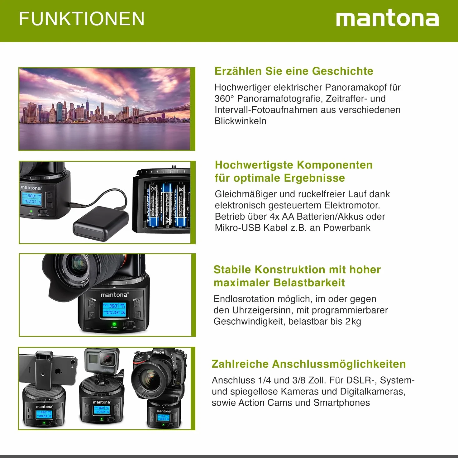 Mantona Turnaround 360 Advanced 3 Głowica Statywu z 2 Adapterami i Uchwytem na Smartfona, Czarny, 1 Sztuka