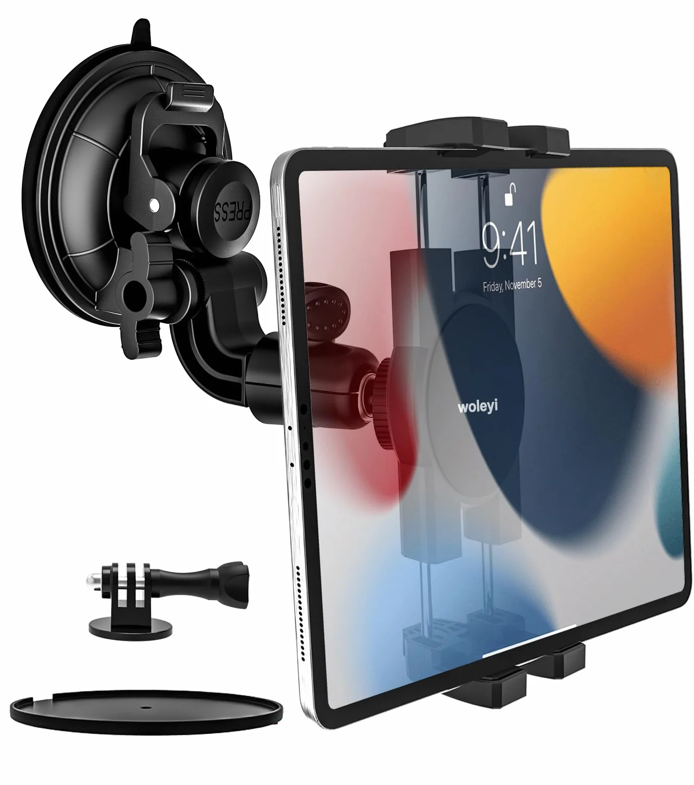 Uchwyt na tablet samochodowy przyssawka przednia [Super mocna przyssawka] | Tablet Deska rozdzielcza z adapterem śrubowym 1/4" do iPada Pro Air Mini, telefonów komórkowych, 4-12,9" i Gopro/kamery