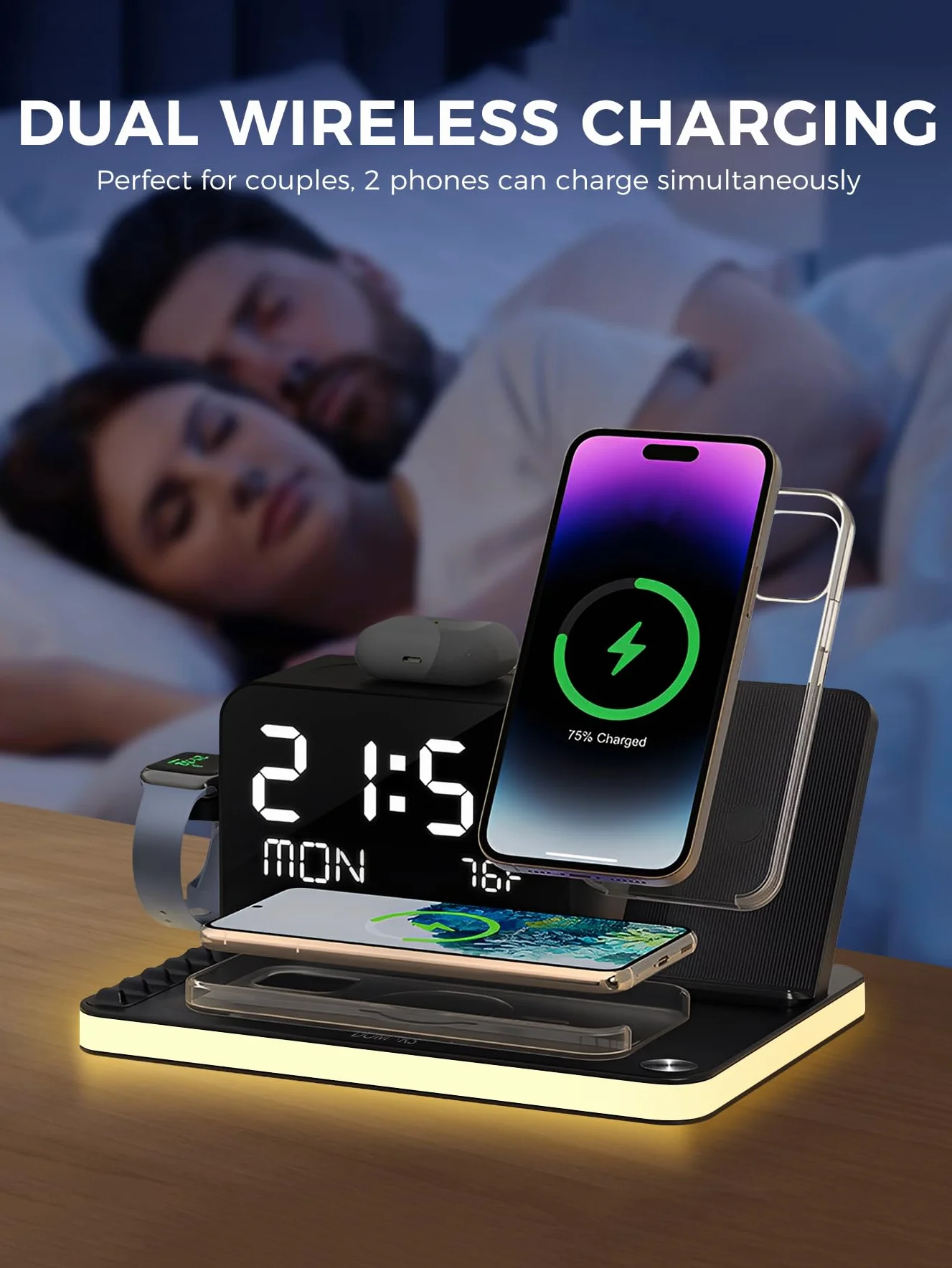 Bezprzewodowa Stacja Ładująca 7 w 1 z Zegarem, Szybka Ładowarka Indukcyjna 30W Bluetooth i Termometr, Stacja Dokująca kompatybilna z iPhone 17 16 15 14 13 12 Pro Max, Apple Watch, AirPods