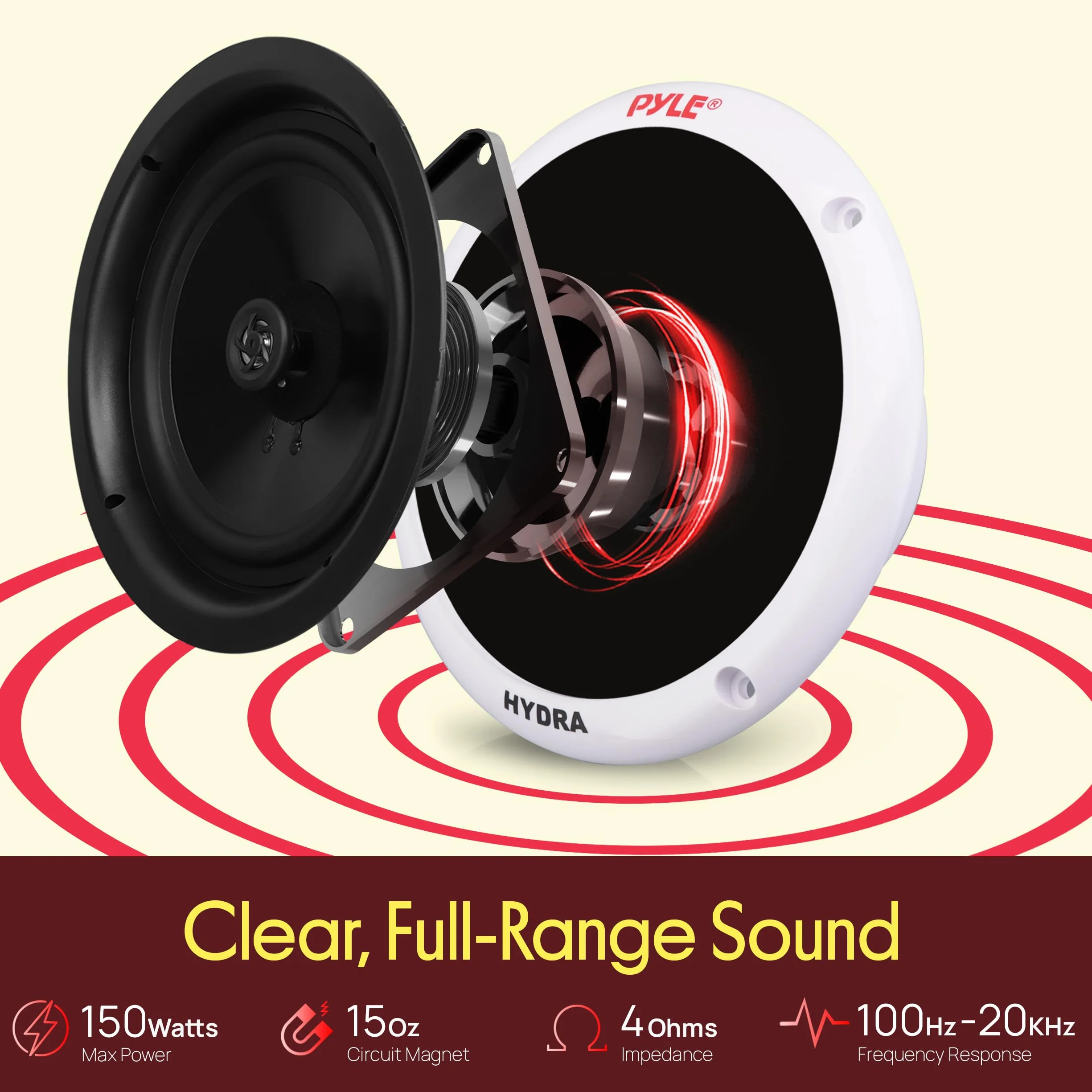 Pyle 5.25 Inch Dual Marine Speakers - 2 Way Waterproof and Weather Resistant Outdoor Audio Stereo Sound System with 150 Watt Power, Poly Carbon Cone, Cloth Surround and Low Profile Design - 1 Pair