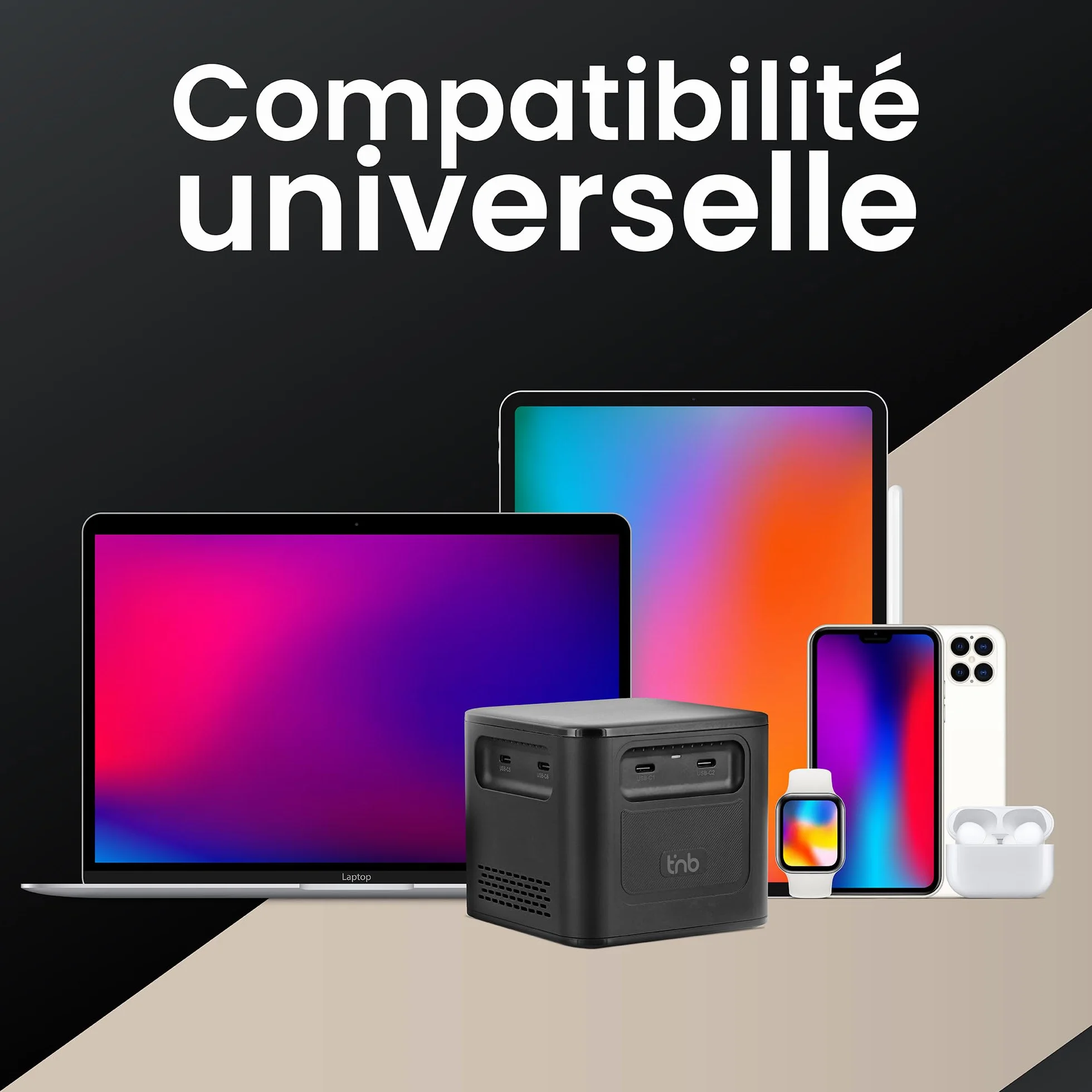 T'nB - Stacja ładująca z 8 portami ładującymi, technologią PD 3.1, 380W, 6 portów USB-C i 2 portami USB-A, kompaktowy format - czarny