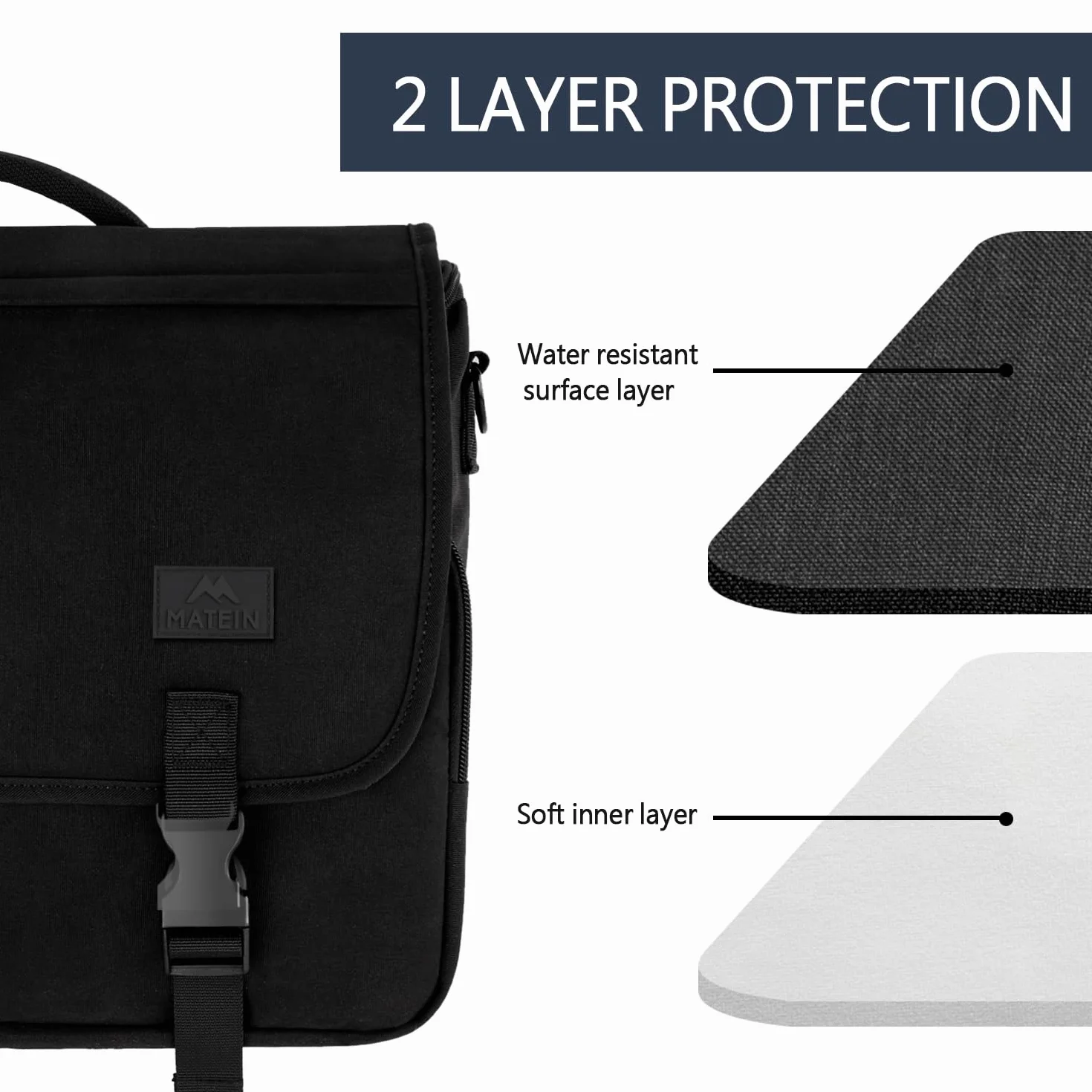MATEIN Aktówka męska, torba na laptopa 15,6 cala, wodoodporna torba listonoszka na laptopa, biznesowa torba na ramię na notebooka do pracy w biurze, dla kobiet i mężczyzn, czarna