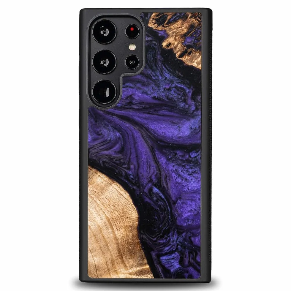 Unikalne etui kompatybilne z Samsung Galaxy S23 Ultra, ręcznie wykonane etui ochronne z naturalnego drewna i żywicy, fioletowe, odporne na uderzenia, matowe polerowanie