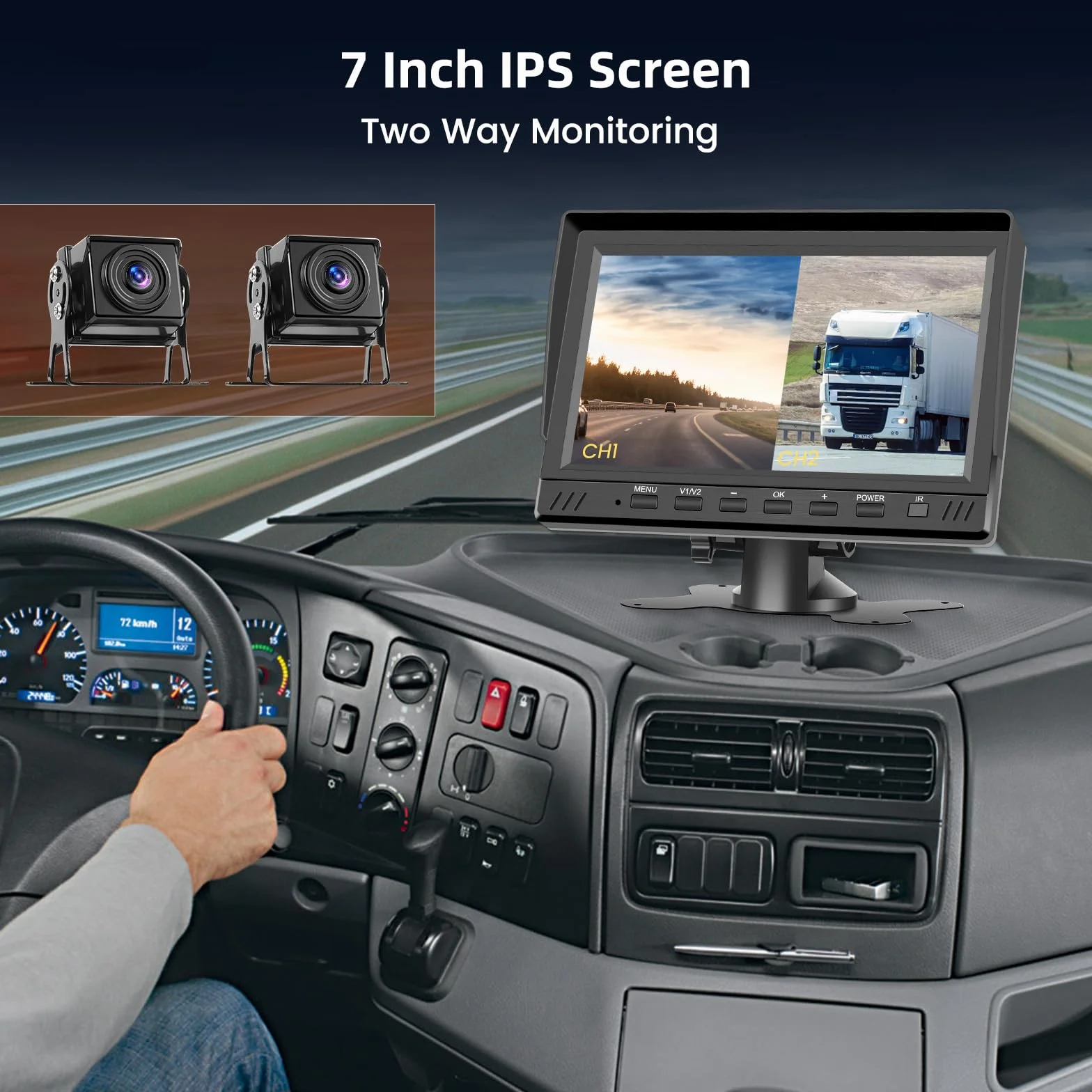 Hikity 12-36V Cyfrowy Zestaw 2 Kamer Cofania*2, 7-calowy Monitor 1080P IPS, Wodoodporna Kamera Cofania z Noktowizją DIY Linie Parkowania dla Kamperów, Przyczep i Ciężarówek