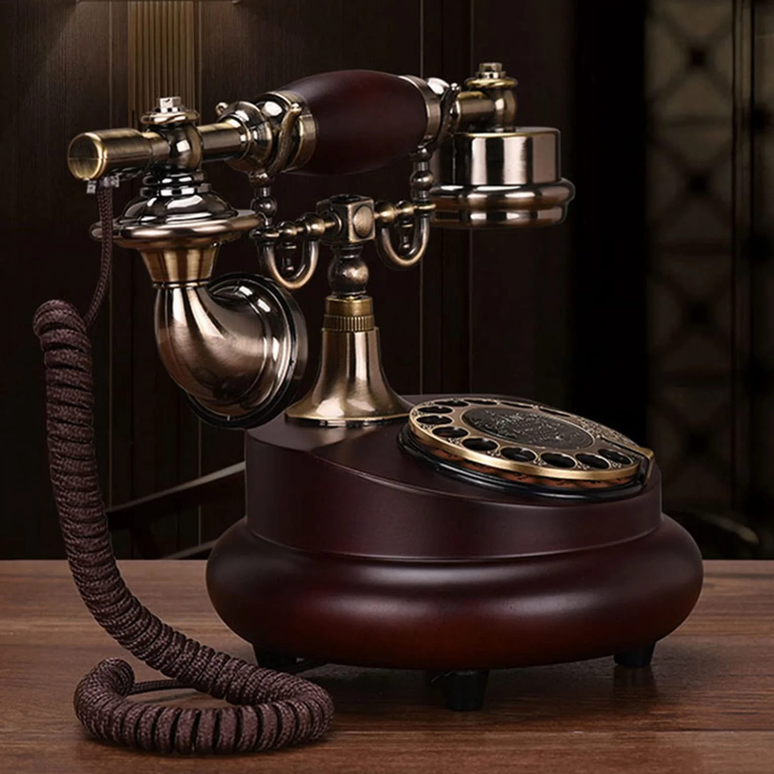 Telefon stacjonarny retro, Telefon stacjonarny przewodowy z tarczą obrotową i funkcją ponownego wybierania Rozmiar 25x17x21 cm