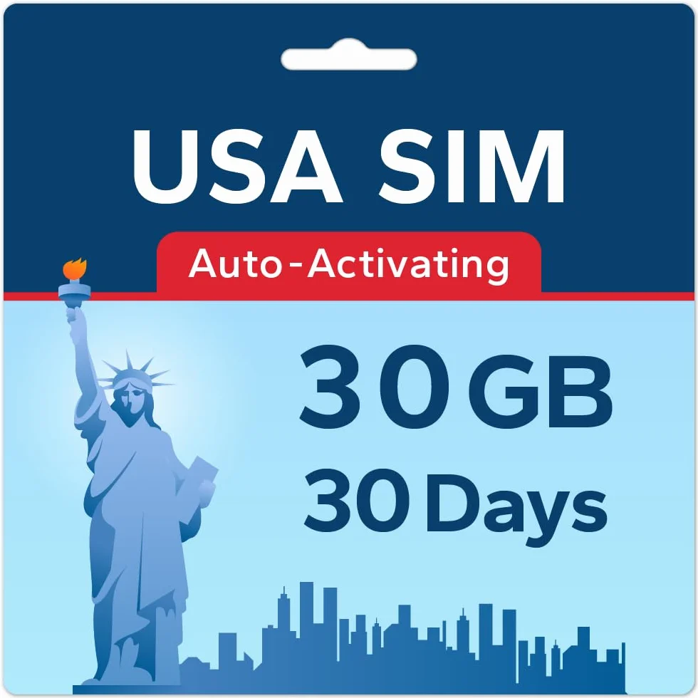 Karta SIM TSIM USA 30-dniowa 30 GB | Sieć 5G z wieloma operatorami i wysoką pokryciem | Automatyczne aktywowanie | Plan z możliwością naładowania | Hotspot dozwolony | Tylko dane