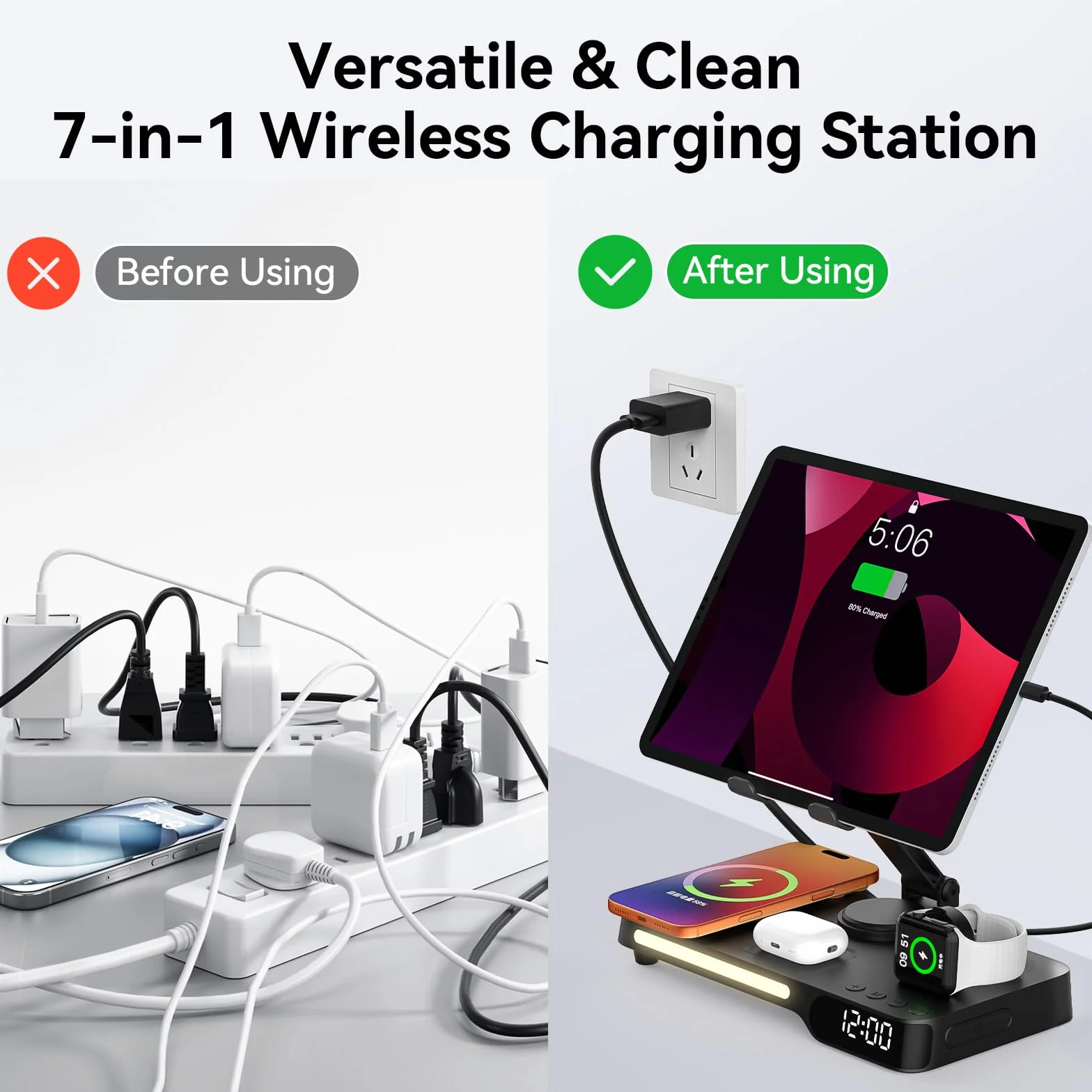 Bezprzewodowa stacja ładująca, 7 w 1 wielofunkcyjna stacja ładująca z budzikiem, lampką nocną, stacją ładującą do iPhone 17 16 15 14 13 12 Pro Max Plus, Apple Watch 11/10/9/8, dla AirPods, do sypialni