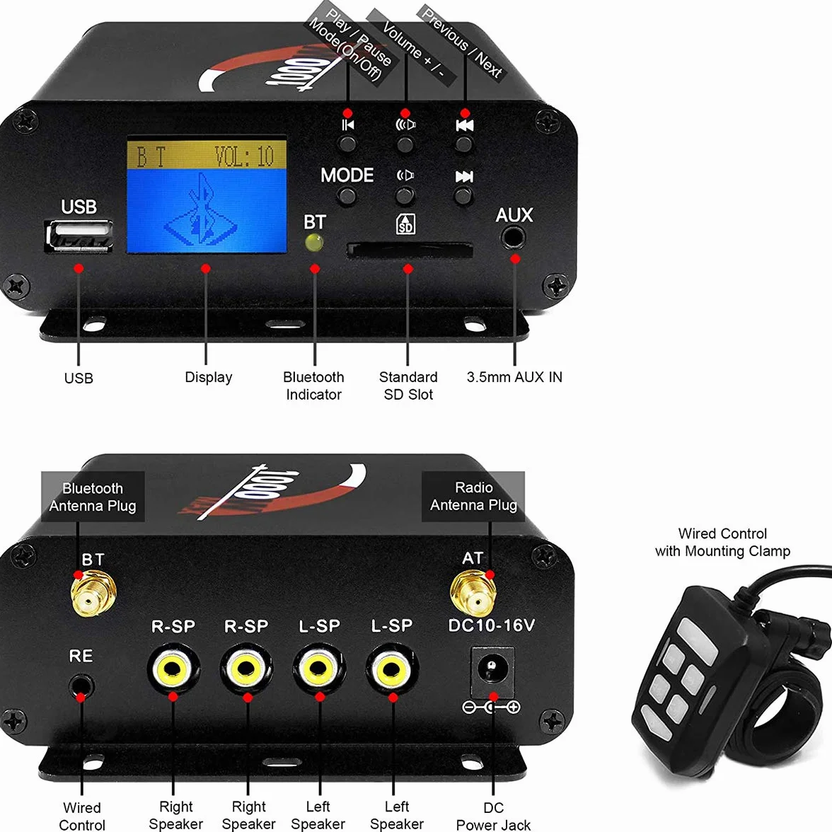 4-kanałowy wzmacniacz motocyklowy, 1000 W, 4 cale, pełny zakres, wodoodporny, Bluetooth, motocykl, głośniki stereo, system audio z AUX, USB, SD, FM, radio do kierownicy, 1–1,5 cala, Harley, Cruiser, ATV, UTV, chromowany, wentylator