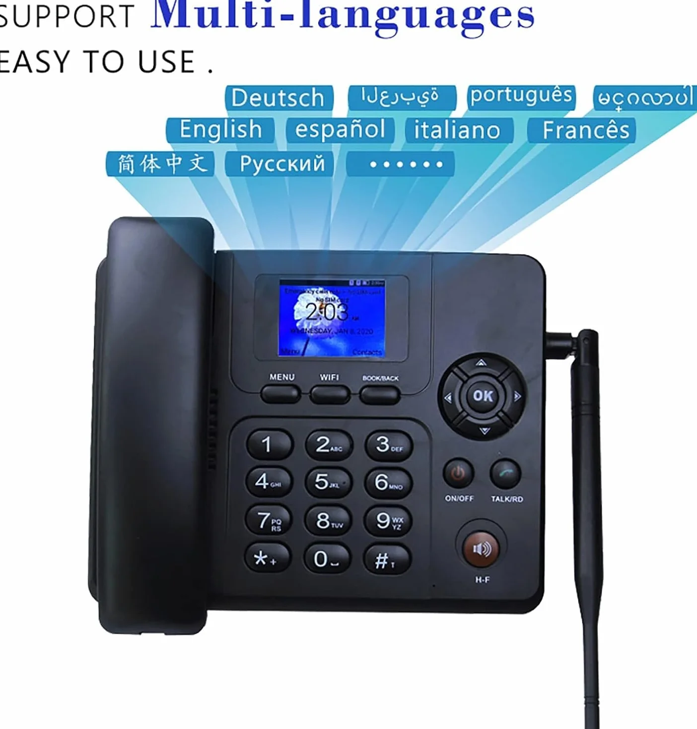 Telefon stacjonarny Bezprzewodowy, kolorowy ekran Netcom 4G, Dual Sim Wi-Fi, Bluetooth z radiem Fm Czarny bezprzewodowy telefon stacjonarny z Fm, Sim i SMS Bezprzewodowy telefon stacjonarny