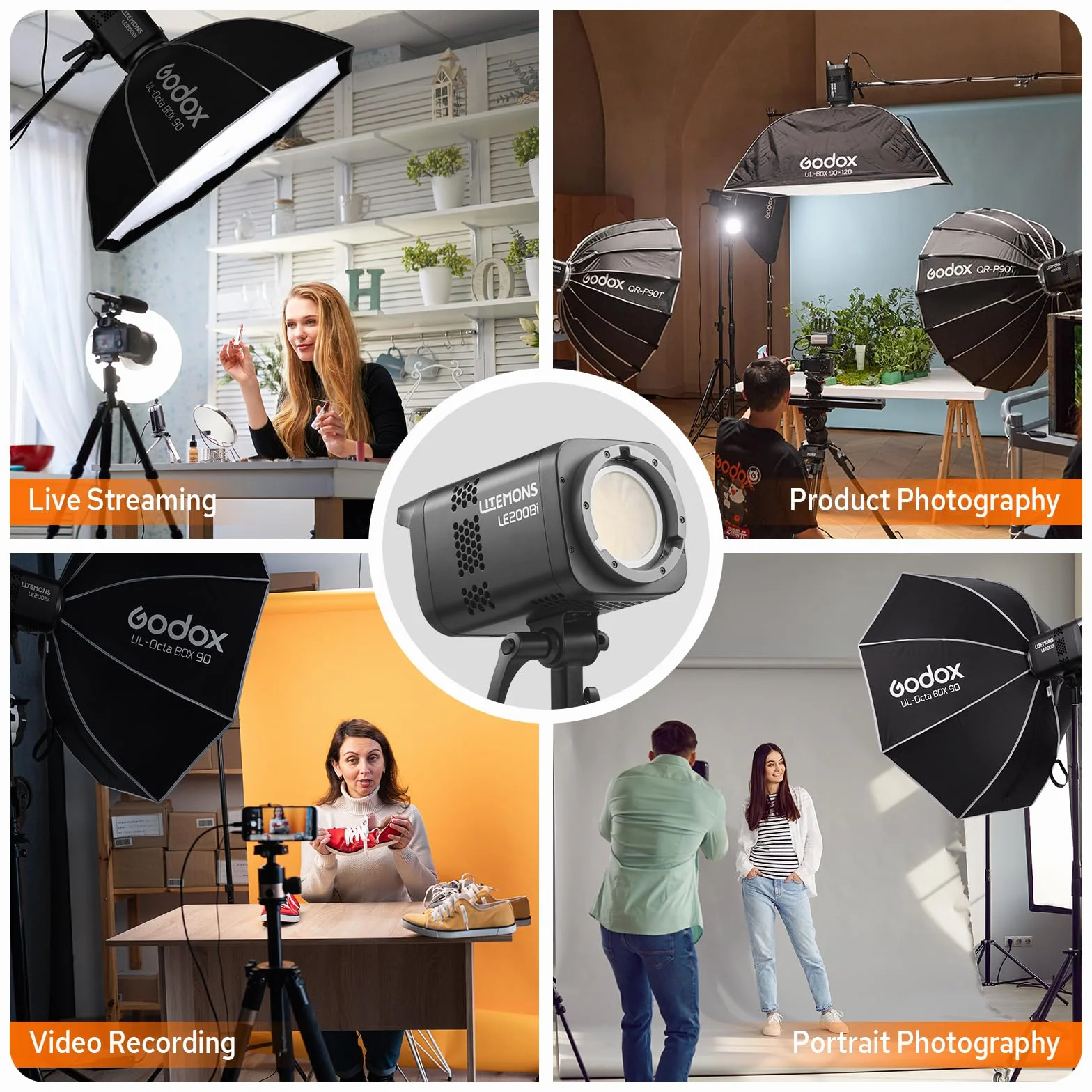 Godox LE200Bi 220 W Bi-Color LED Video Light, 2800 K ~ 6500 K, CRI 98, 57700 Lux/1 m, źródło światła ciągłego LED z uchwytem Bowens, przenośne studio LED do fotografii i streamingu na żywo