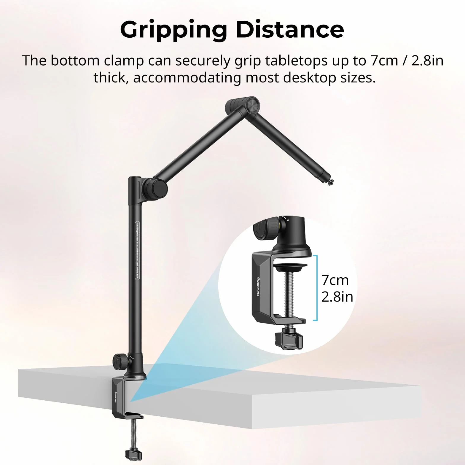 SMALLRIG Overhead 3-Section Desktop Camera Bracket, Tłumiący Uchwyt na Biurko z Głowicą Kulową Obracaną o 360°, Zacisk Stołowy C, Maksymalne Obciążenie do 4,4 Funta / 2kg do Fotografii - 4324