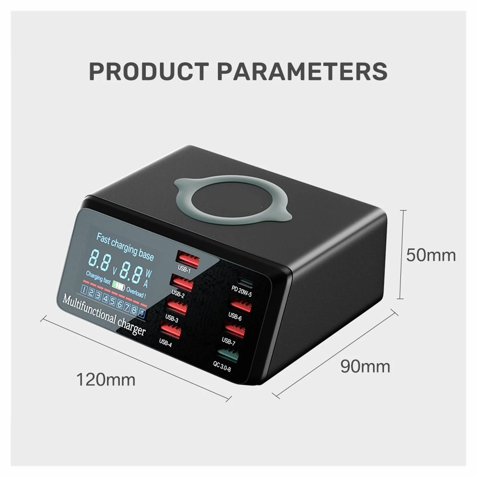 8-portowa Stacja Ładująca USB O Mocy 100 W Z Bezprzewodowym Ładowaniem Cyfrowy Wyświetlacz QC3.0 PD3. Szybkie Ładowanie MożLiwość Szybkiego łAdowania