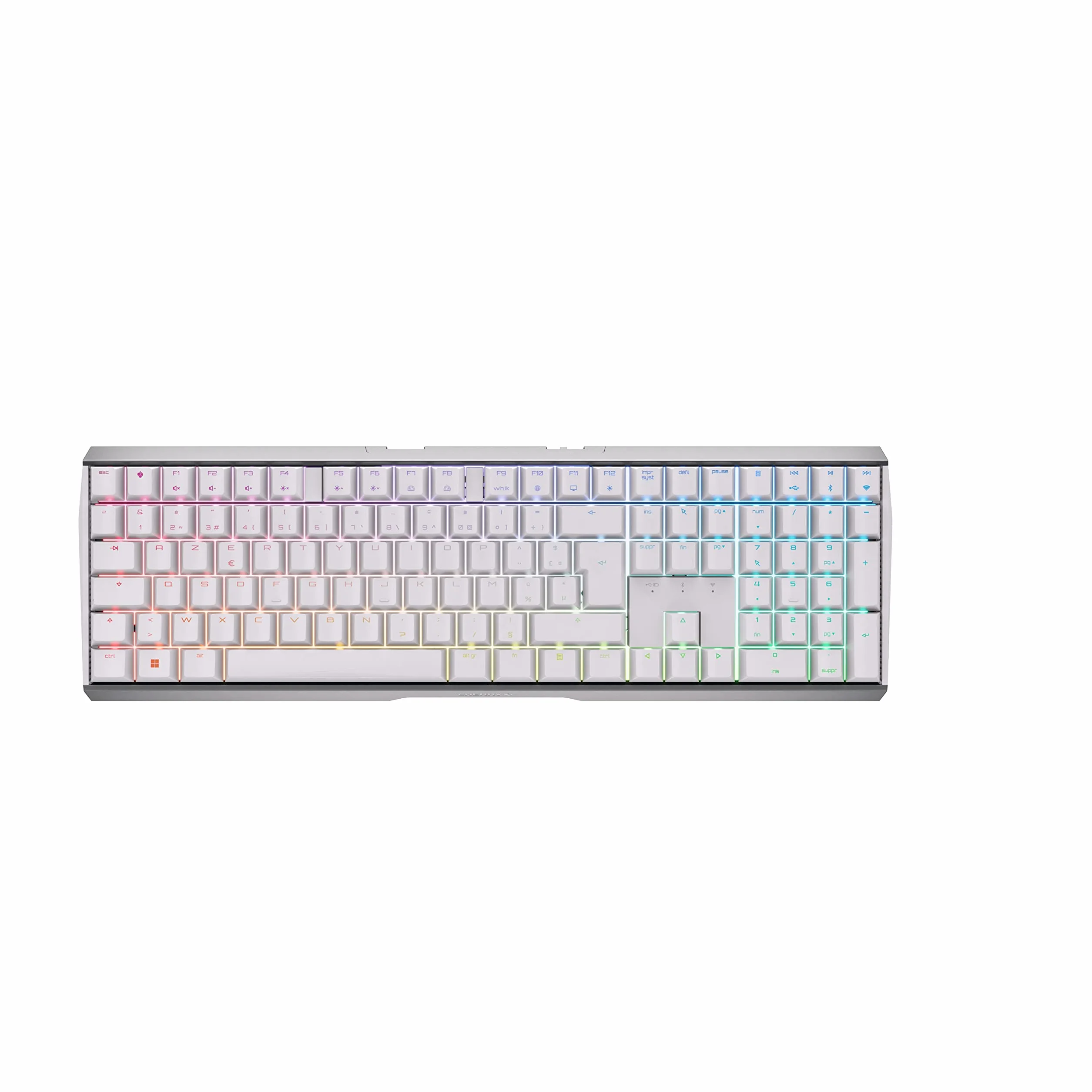 CHERRY MX 3.0S bezprzewodowa mechaniczna klawiatura gamingowa z oświetleniem RGB, układ francuski (Azerty), Bluetooth, połączenie bezprzewodowe lub kablowe, przełączniki MX RED, biała