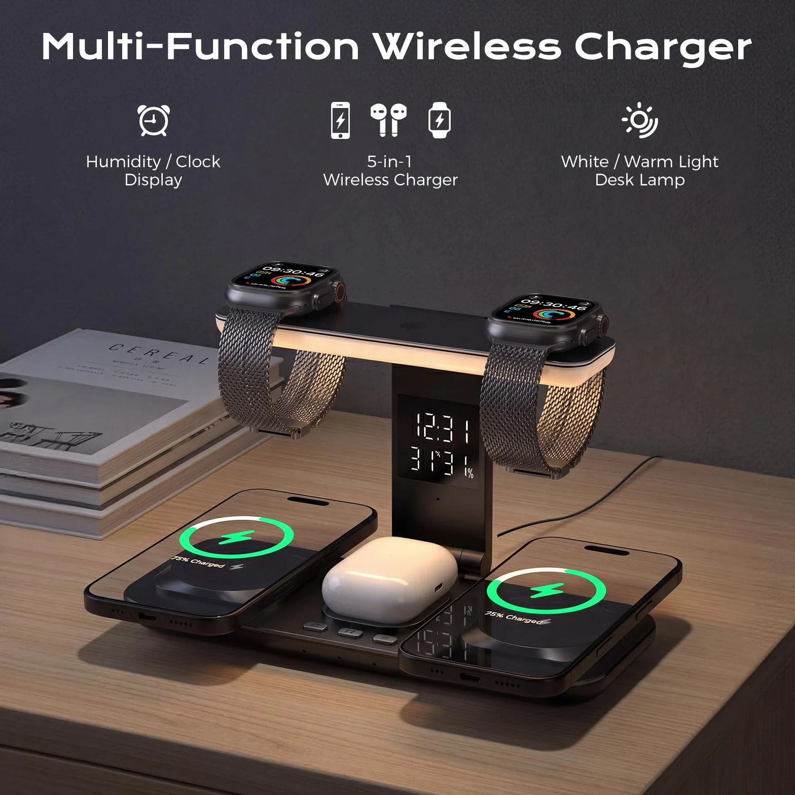 Stacja Ładująca Qi2 15W TEC Cooling 4 w 1, Składana Bezprzewodowa Ładowarka do iPhone 17/16/15/14/13, Apple Watch i AirPods, Lampka LED, Zegar Temp Wilgotności, Biurkowa Stacja Nocna，Czarny