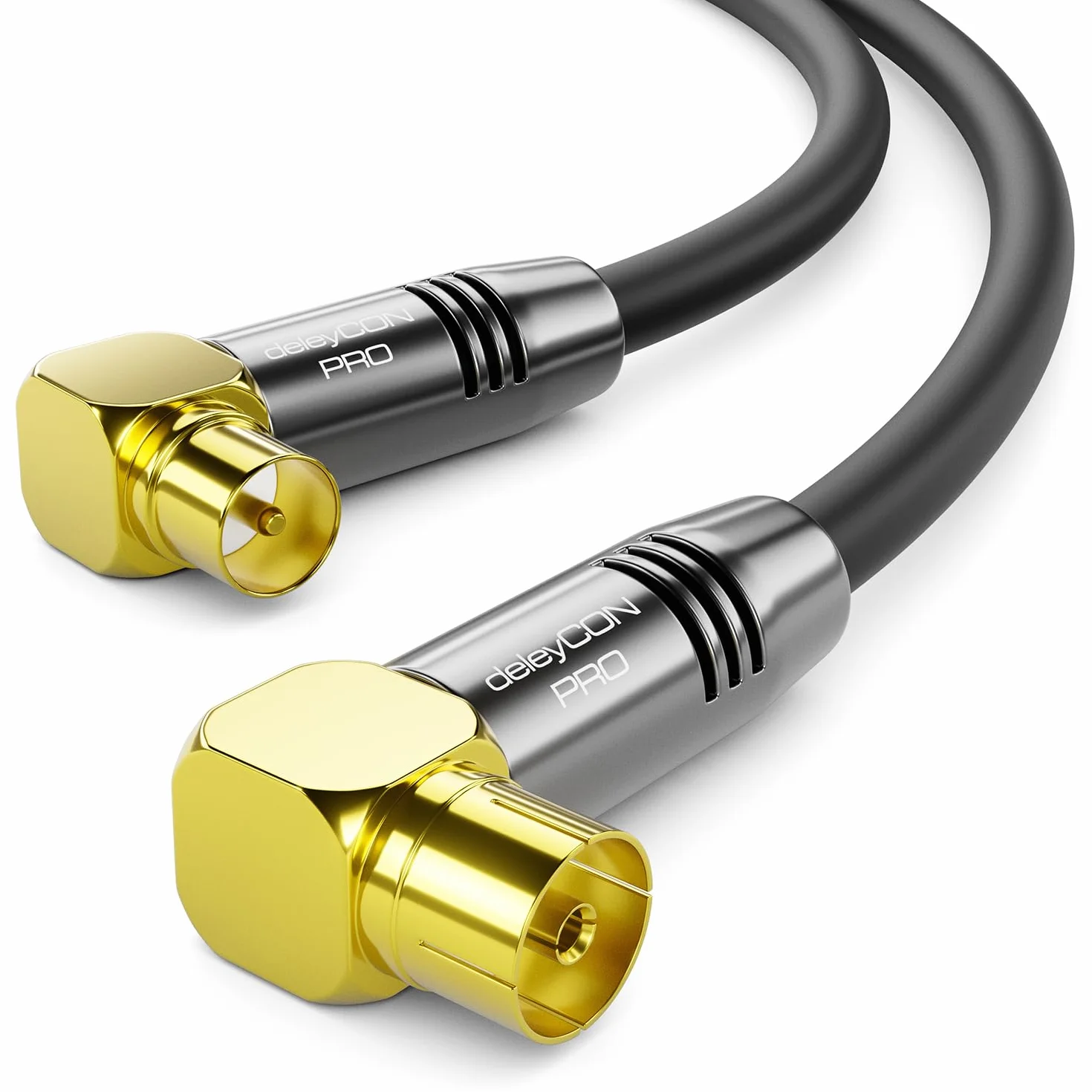 deleyCON 3,0m Kabel Antenowy TV 4K - 4K Ultra HD Full HD HDTV - 2x Kątowy - Kabel Koncentryczny - Wtyk IEC (90°) do Gniazda IEC (90°) - Metalowe Złącza - Czarny