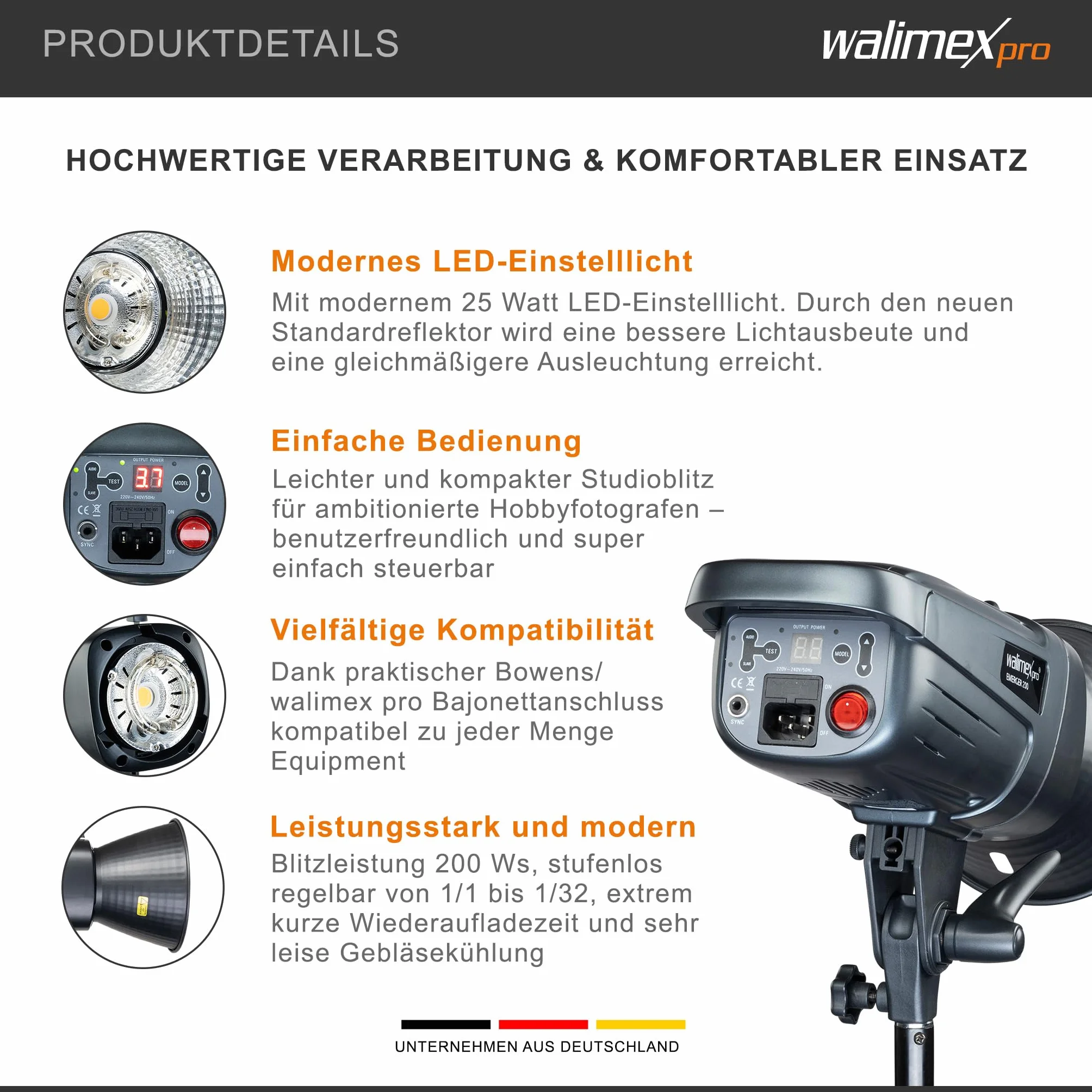 Walimex pro Emerger 200 studyjna lampa błyskowa – wydajna lampa błyskowa studyjna z odbiornikiem 2,4 GHz, 200 W, krótki czas ładowania, światło LED do regulacji, 16 kanałów i 4 grupy, kompaktowa i