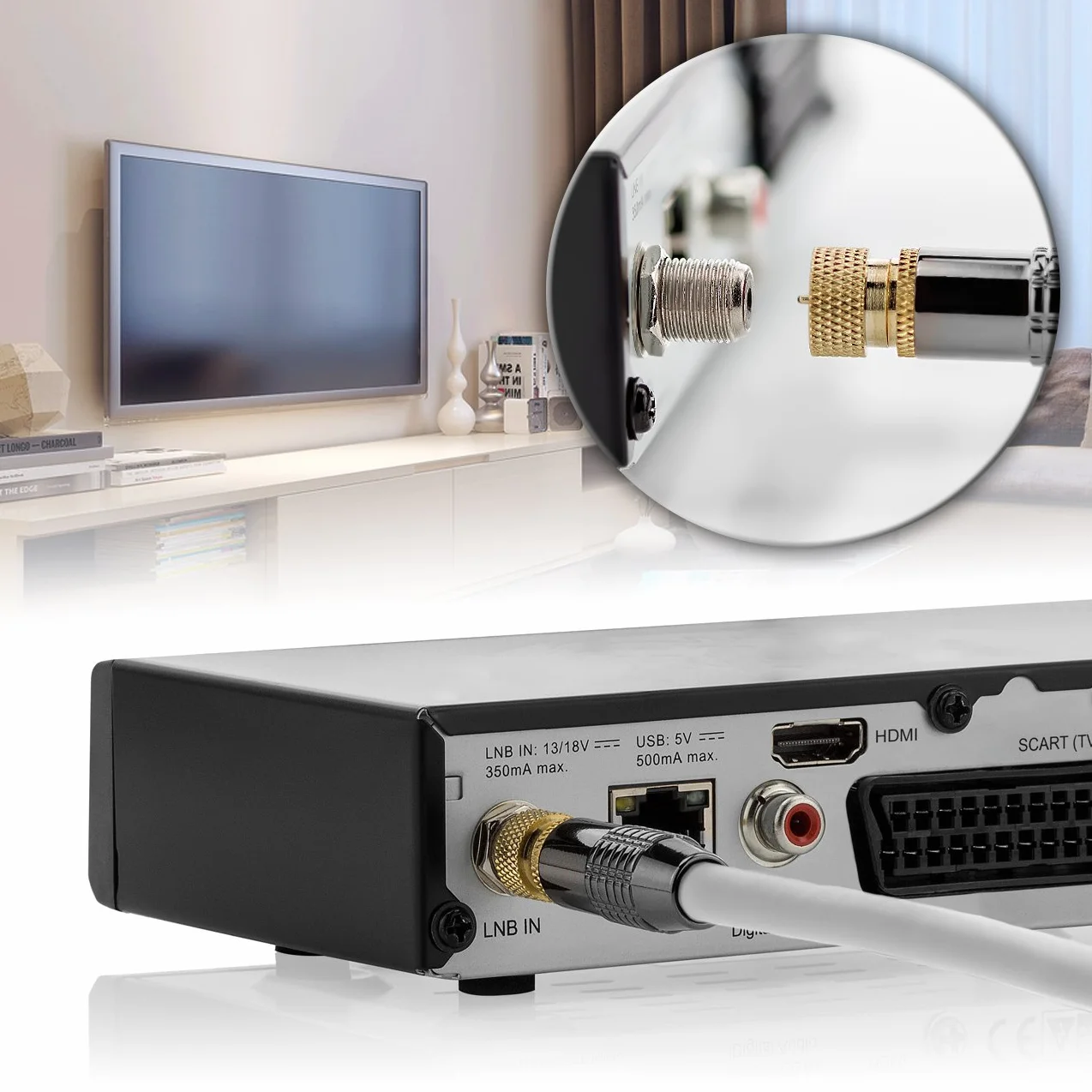 deleyCON 1m SAT Kabel Antenowy Satelitarny Koncentryczny - HDTV Full HD 4K - Wtyk F 90° Kątowy do Wtyk F Prosty - Biały