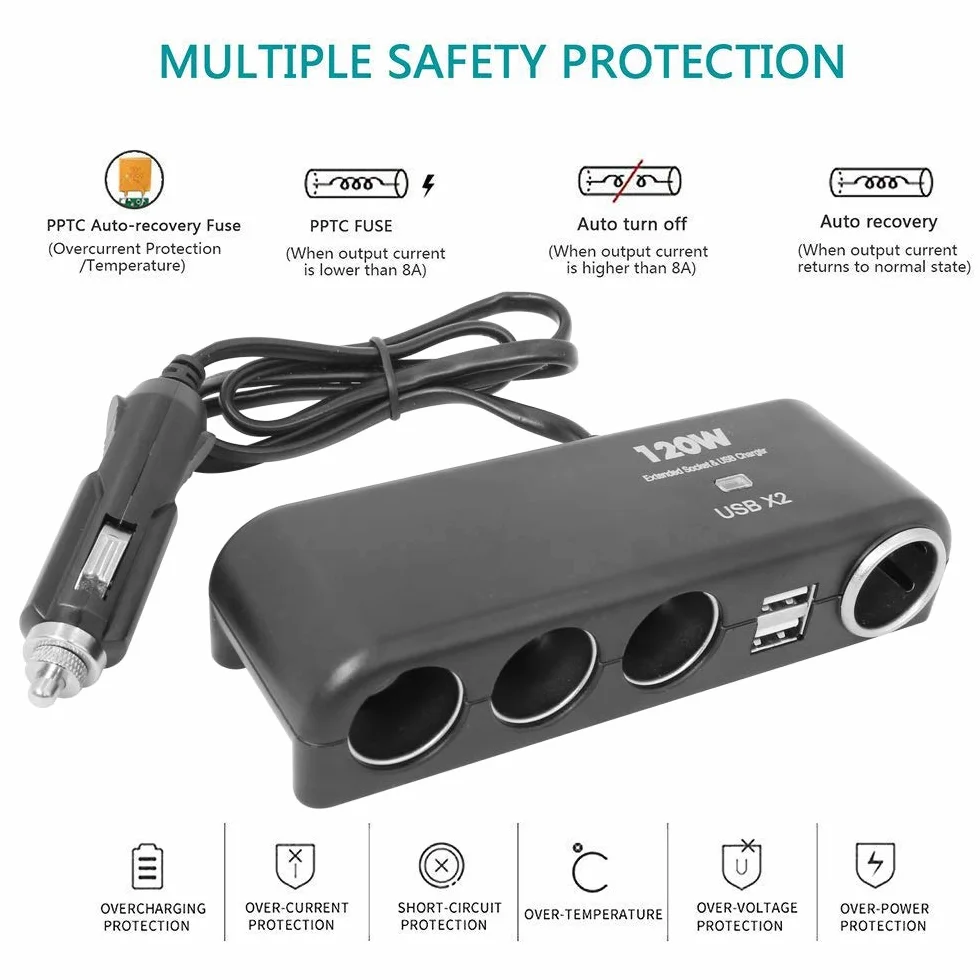 XINFENG 4-drożna ładowarka samochodowa, rozdzielacz, adapter sieciowy z gniazdem wielokrotnym, podwójne USB, 12 V-24 V, do iPhone'a, iPada, Samsung, GPS, kamery na deskę rozdzielczą