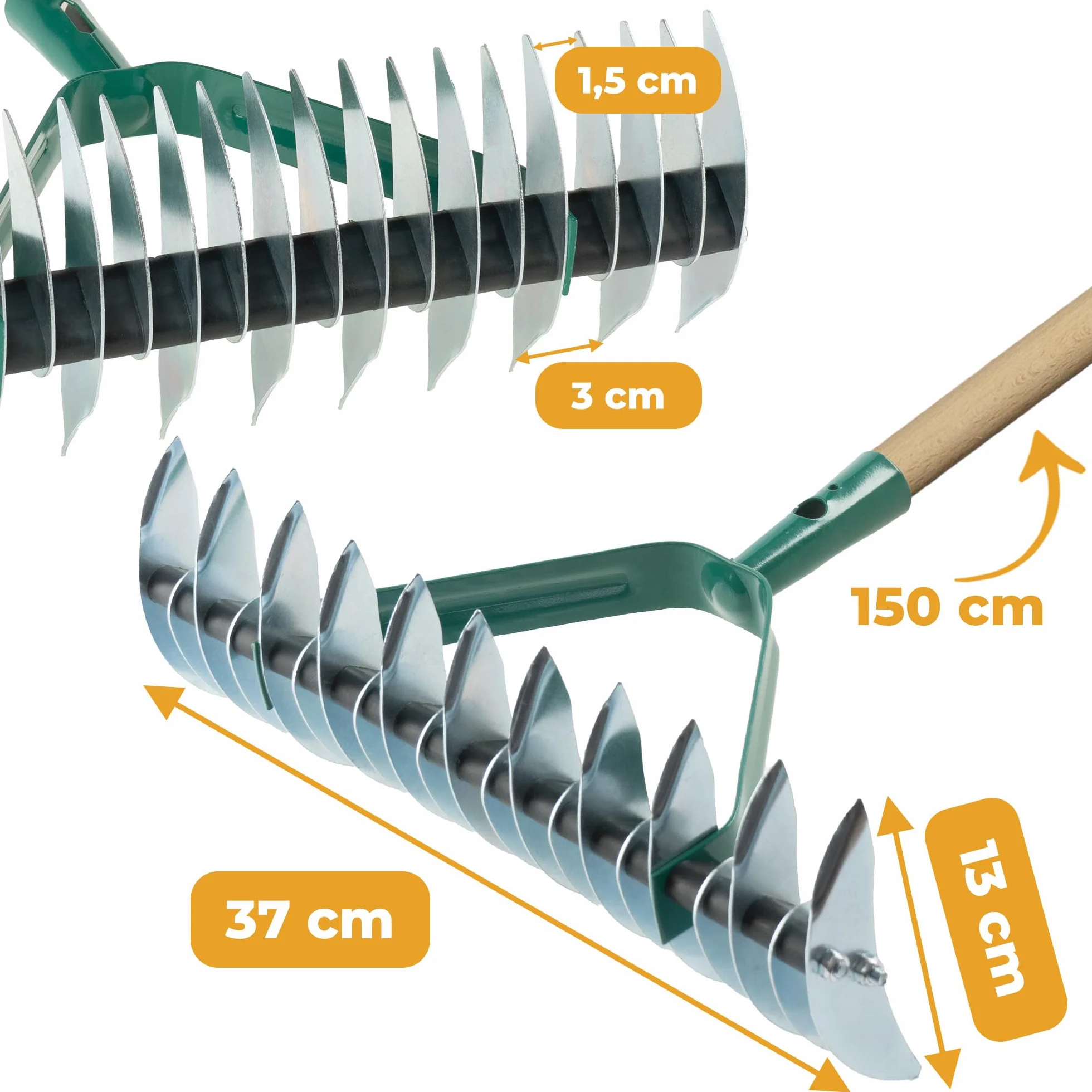 Dwustronny aerator metalowy ręczny 37 cm x 13 cm do trawnika wertykulator z drewnianym trzonem 150 cm spulchniacz gleby akcesoria ogrodowe napowietrzacz
