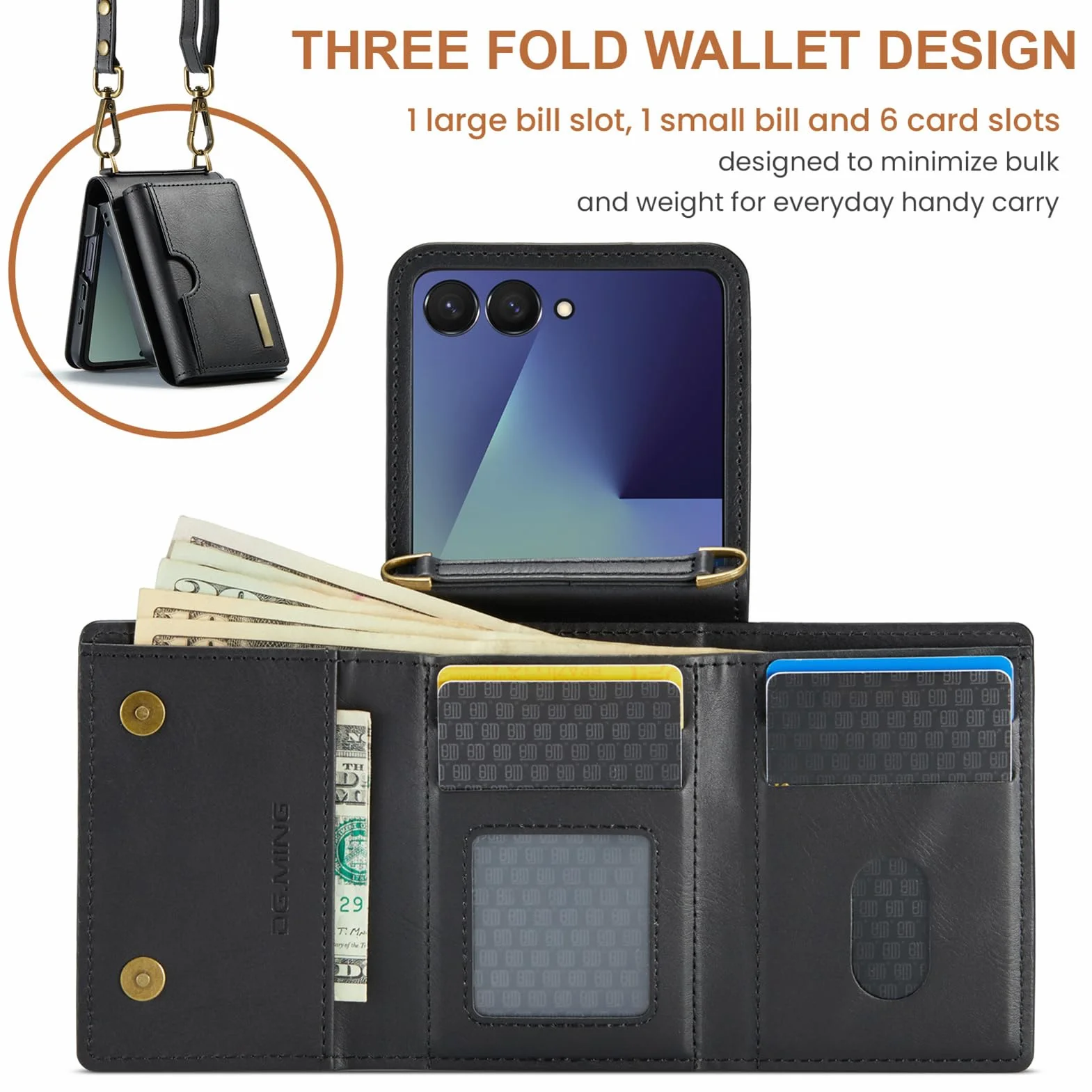 Skórzane etui z klapką do Samsung Galaxy Z 8, etui na karty krzyżowe Vintage długi pasek na ramię i klapka pokrowiec, pomarańczowy, klapka 8