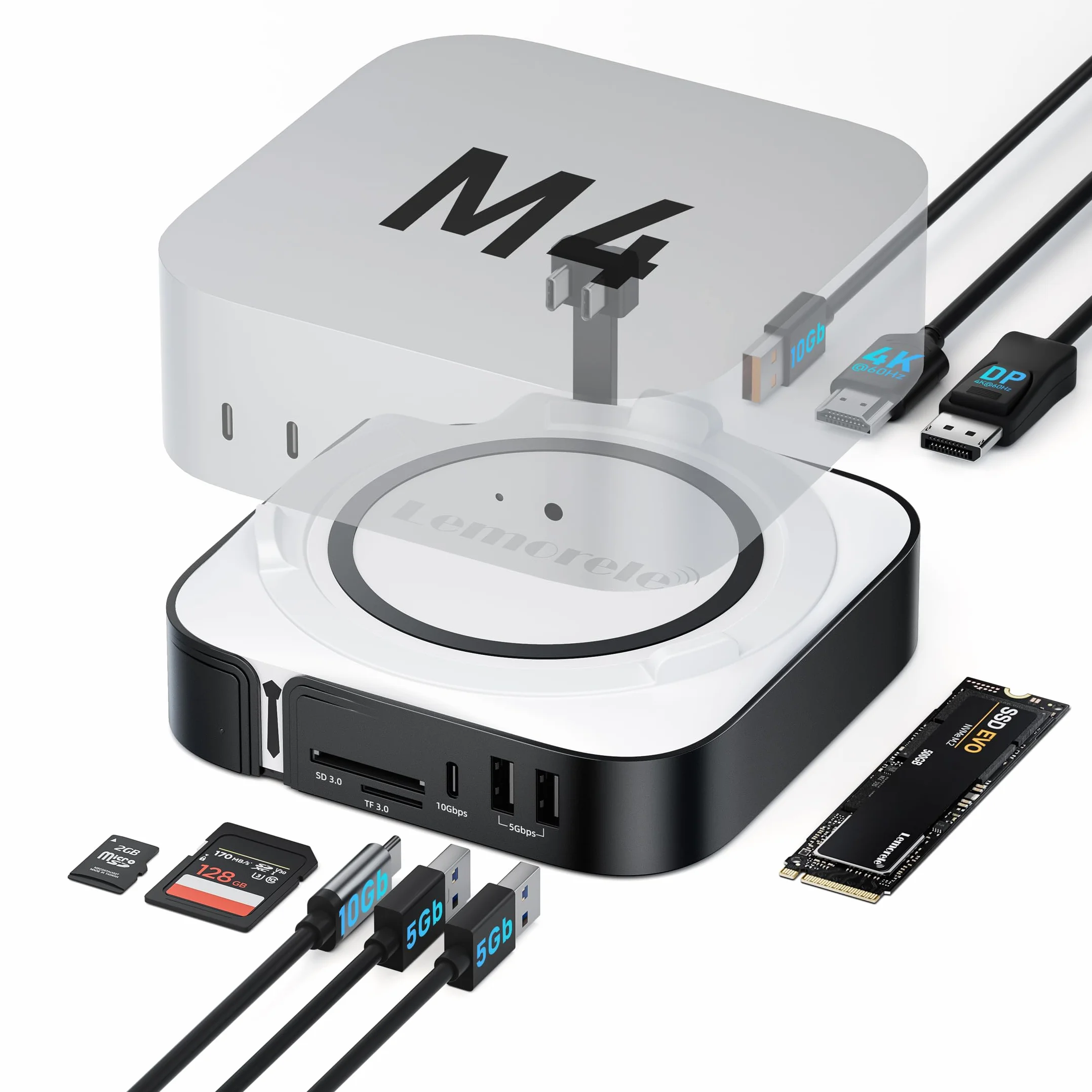 Lemorele Stacja dokująca kompatybilna z Mac Mini M4 i M4 Pro, koncentrator USB C z DisplayPort i HDMI 4K@60Hz, 4 porty USB/Type-C (10 Gb/s lub 5 Gb/s), gniazdo M.2 NVMe SSD 10 Gb/s, SD/TF