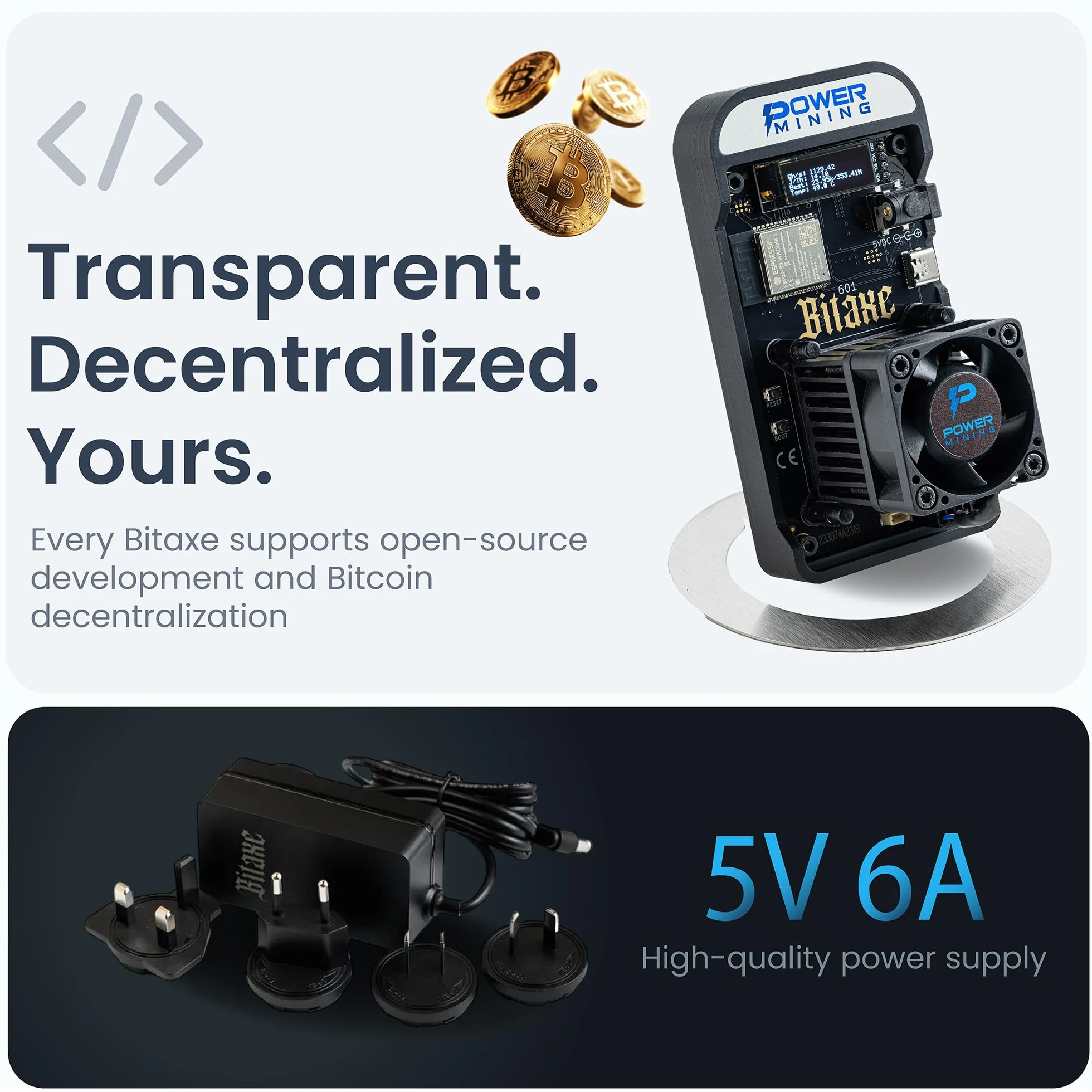 Bitaxe Gamma 602 Bitcoin (BTC) Solo Home Miner with Power Supply and Stand BM1370 ASIC Made in Europe