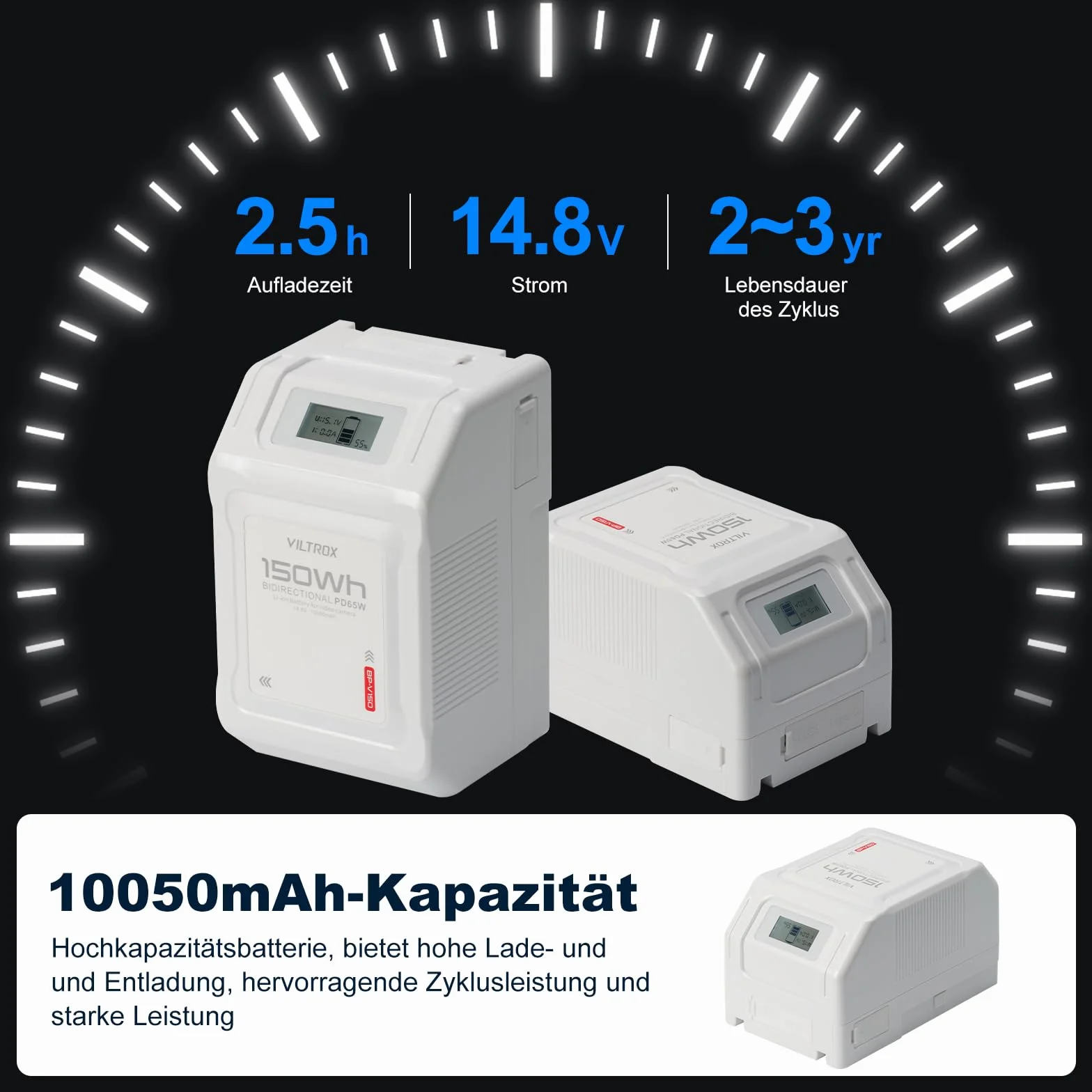 VILTROX BP-V99 V Mount Battery 6700mAh Mini V Lock 99Wh/14.8V z wyświetlaczem LCD, podwójnym wyjściem D-Tap i USB, biała Mini V Lock Battery do kamer, aparatów, lamp LED, monitorów
