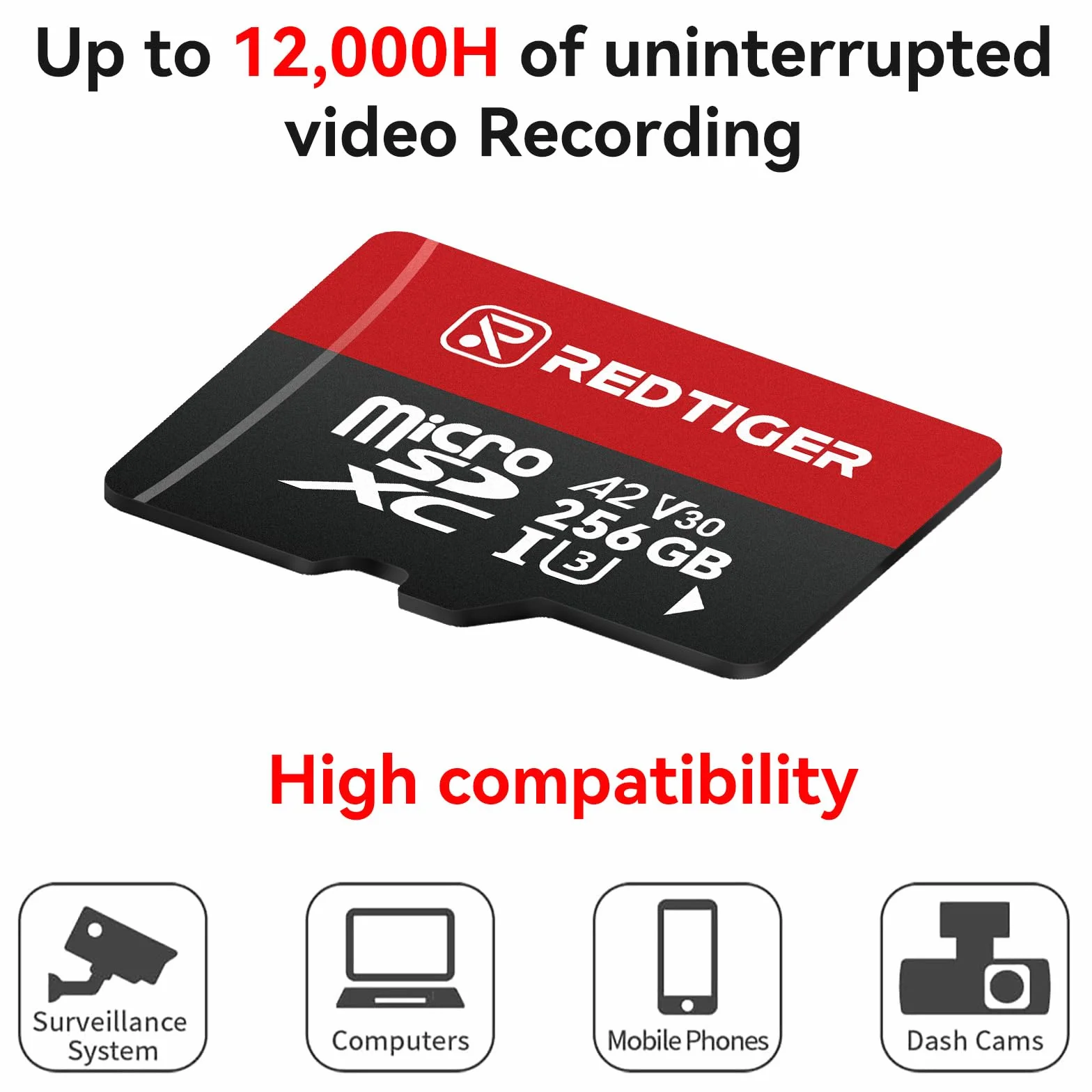 REDTIGER Karta Micro SD High Speed 256 GB z adapterem, microSDXC UHS-I klasa 10, U3, V30 A1, uchwyt do kamery pokładowej i nagrywanie wideo 4K