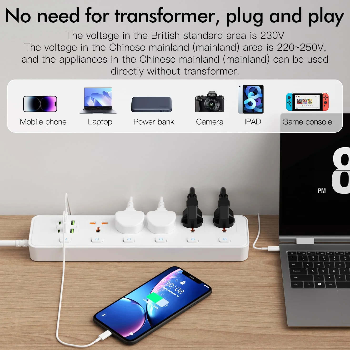 Listwa zasilająca uniwersalna z pojedynczym przełącznikiem, 5 uniwersalnych gniazd, maks. 3250 W, kabel sieciowy 1,8 m, 4 x 20 W USB-C i 2 x USB-A, listwa zasilająca z USB C, biała