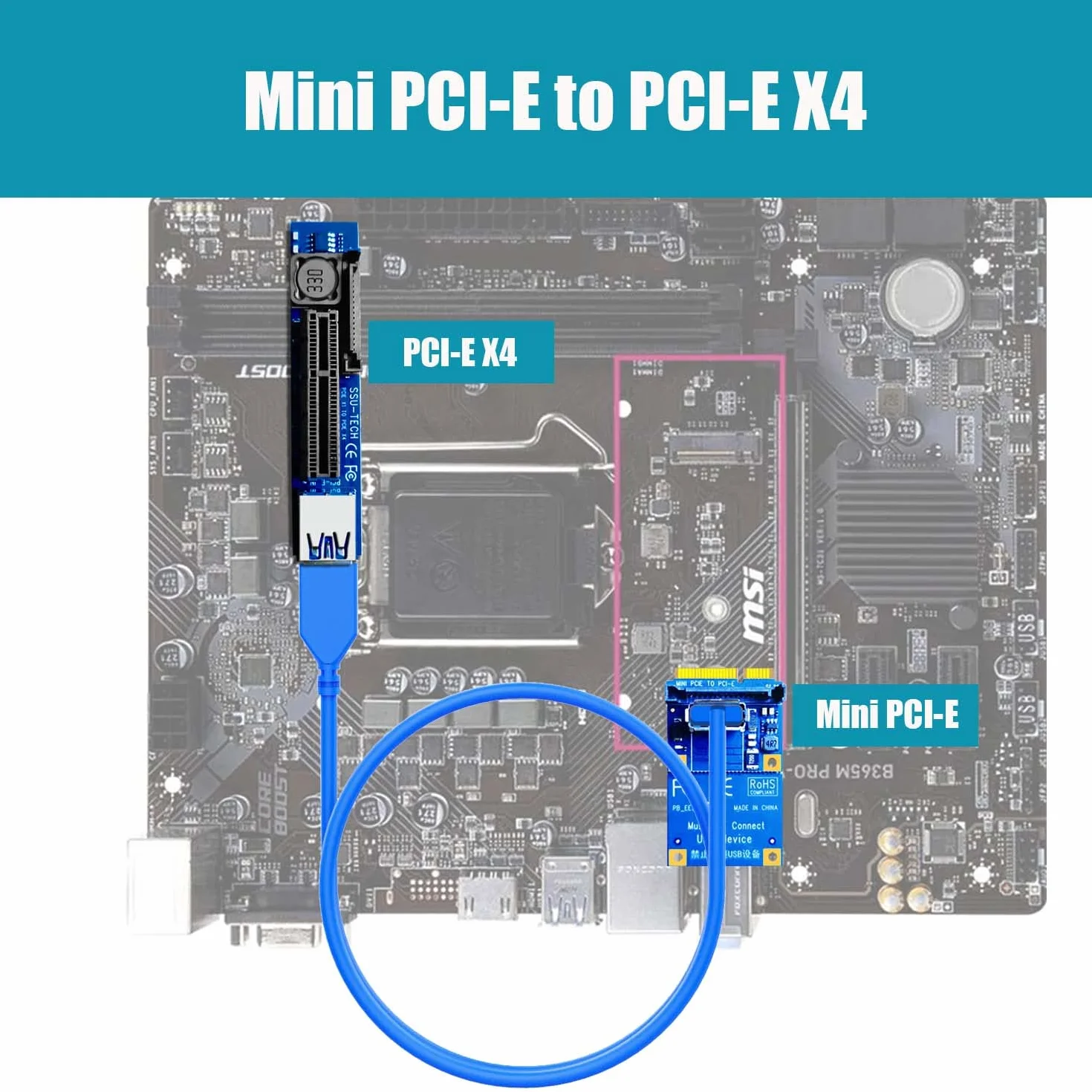 GLOTRENDS UEX105 600 mm Mini PCIe do PCIe X4 Kabel Riser (PCIe 3.0 X1 Speed), do kart PCIe WiFi, kart M.2 PCIe, kart USB PCIe, kart dźwiękowych itp.