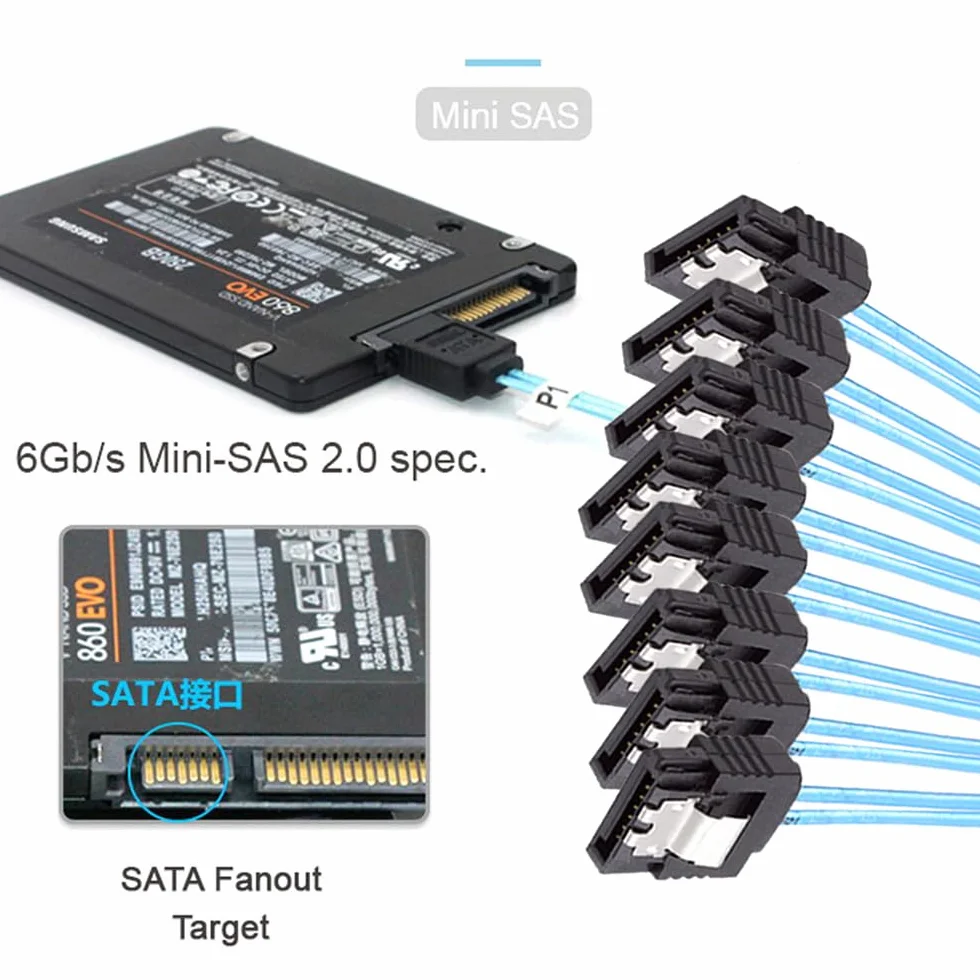 SlimSAS Host/RAID do SATA Target, Slim SAS 4.0 SFF-8654 8i 74pin 1 do 8 SATA 7-pinowy kontroler Raid / kabel dysku twardego 1,64 ft/0,5 m
