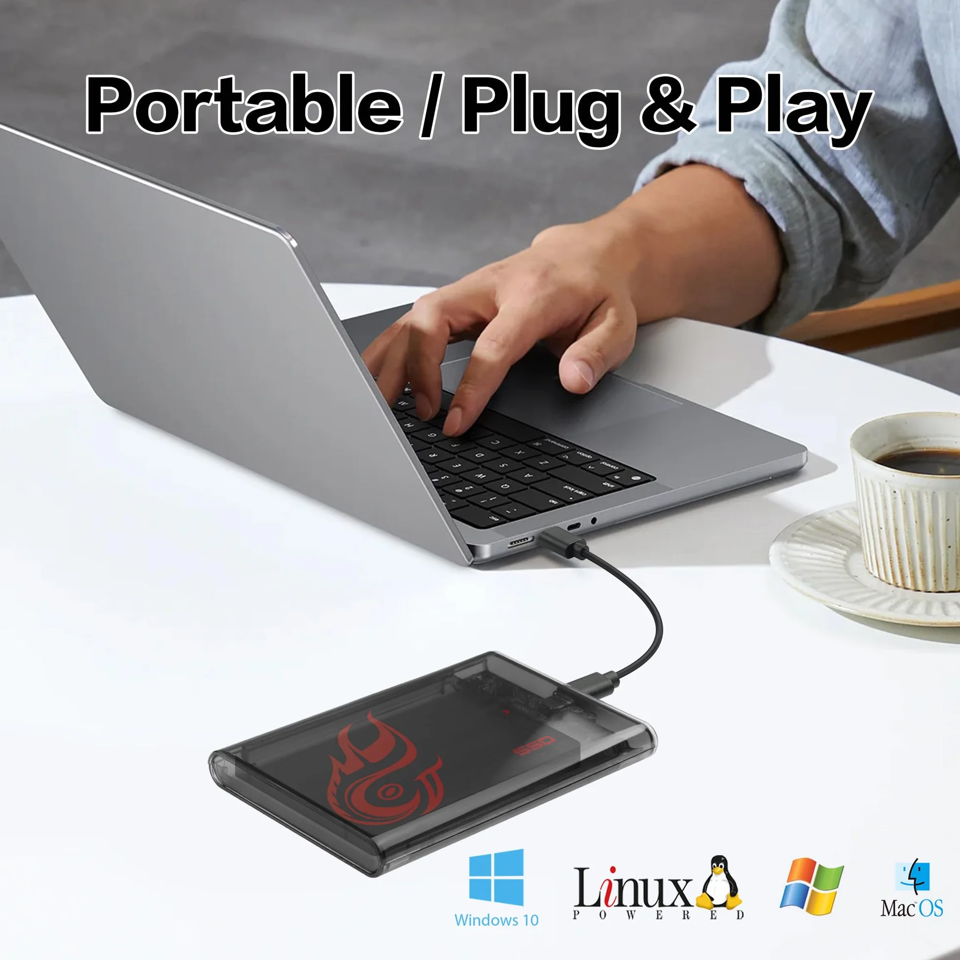 YAODHAOD Przezroczysta obudowa dysku twardego 2,5 cala, obudowa USB typu C do SATA III 6 Gbps HDD SSD obudowa, obsługuje UASP i transfer danych 750 MB/s, kompatybilna z laptopami Mac, PS4 Xbox (czarny