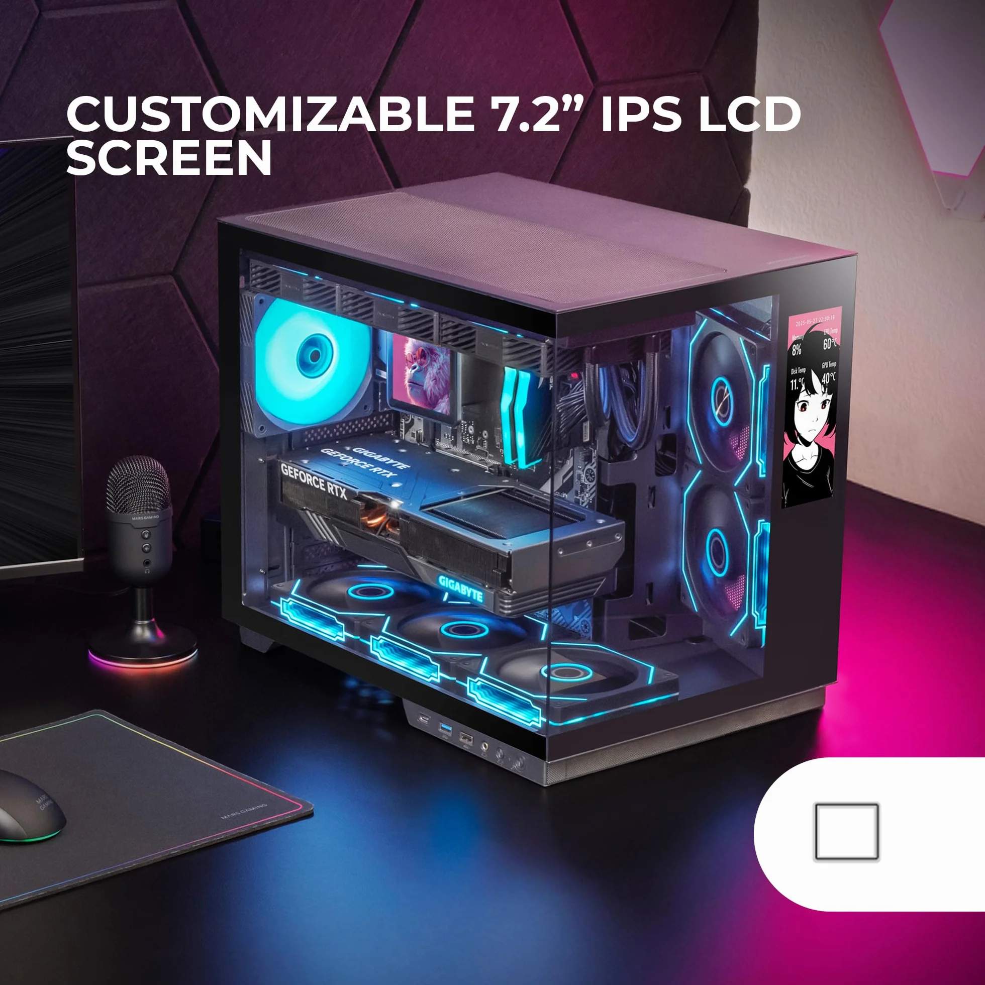 Mars Gaming MC-MIRAGE, Obudowa Gamingowa ATX, Ekran LCD IPS 7,2” Personalizowany, Ciągły Szkło Hartowane Przedni i Boczny Panel, Struktura Podwójnej Komory, Wsparcie Chłodzenia Cieczą 360mm, Czarny