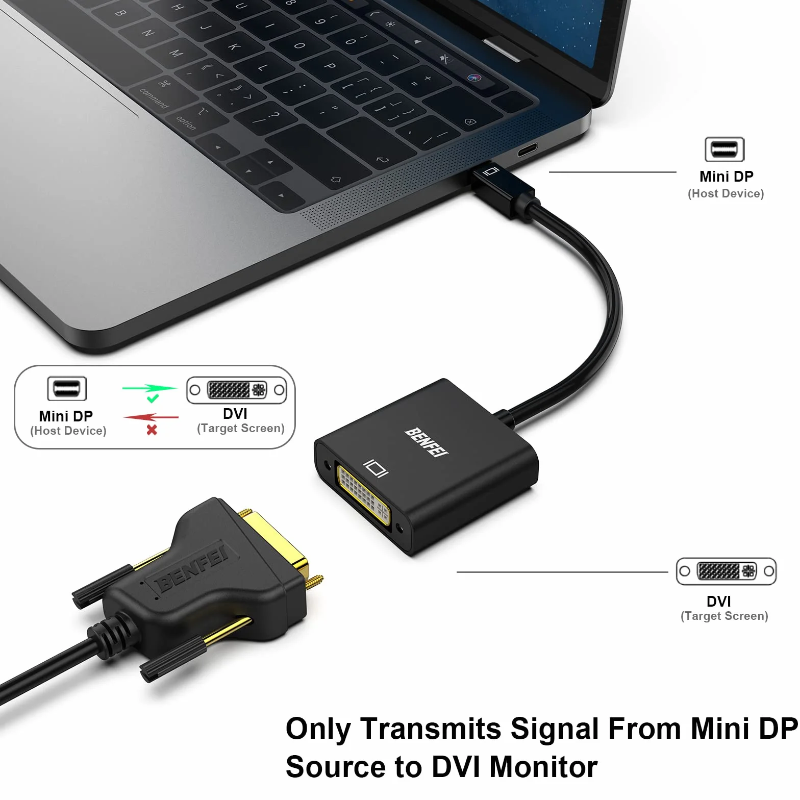 BENFEI Adapter Mini DisplayPort na DVI, pozłacany adapter Mini DP (kompatybilny z Thunderbolt 2) do DVI kompatybilny z MacBook Air/Pro, Microsoft Surface Pro/Dock, monitorem, projektorem i innymi
