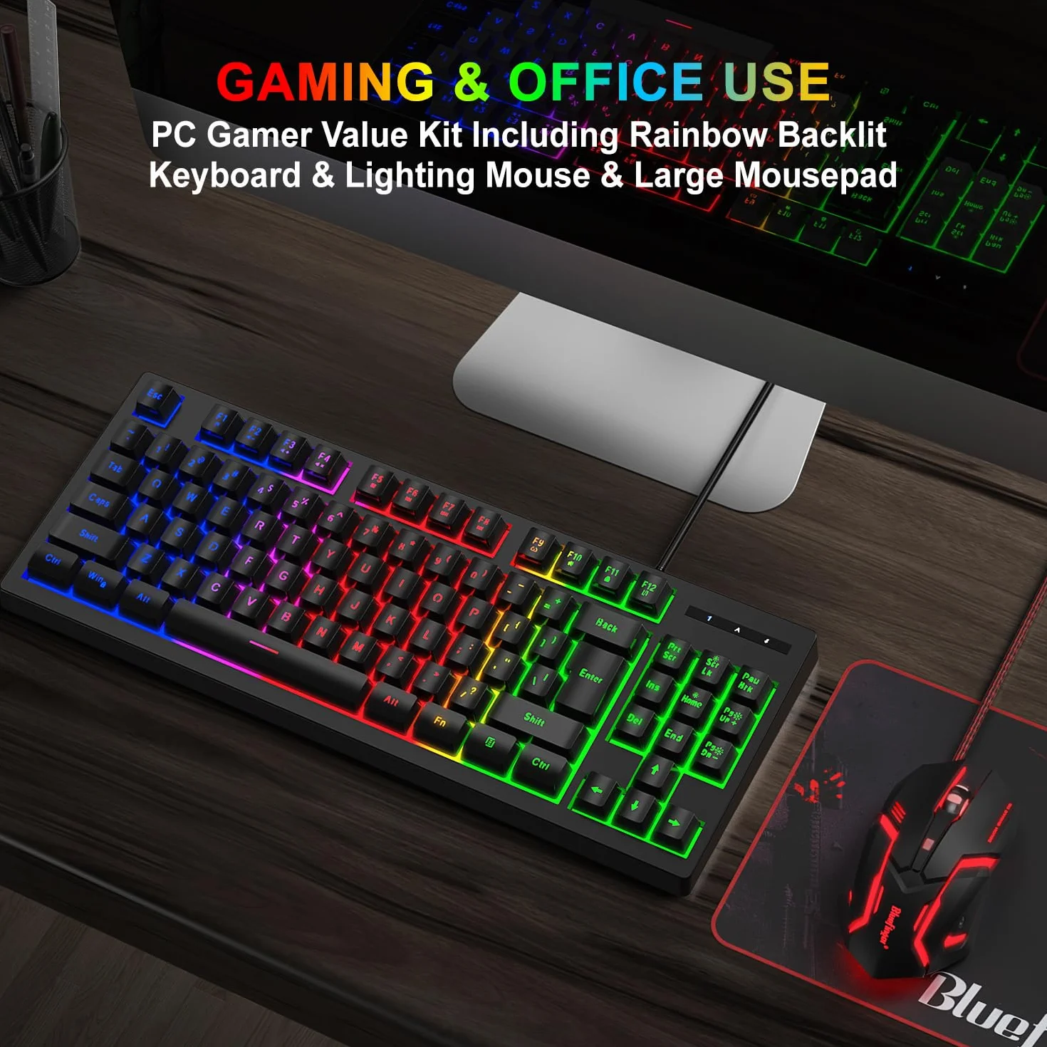 RGB 87 klawiszy, klawiatura do gier i podświetlana mysz, BlueFinger USB przewodowa klawiatura tęczowa, zestaw klawiatury do gier, do laptopa, komputera, komputera, gier i pracy