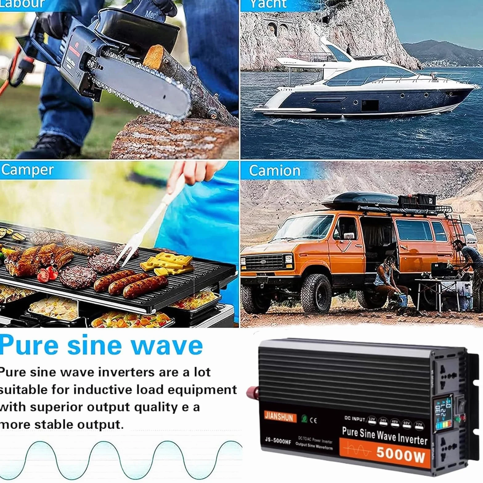 Przetwornica napięcia samochodowego 5000 W Czysta fala sinusoidalna 12 V 24 V 48 V 60 V 72 V do AC 110 V-120 V/220 V-230 V Przetwornica napięcia samochodowego z 2 gniazdami,12V to 230V
