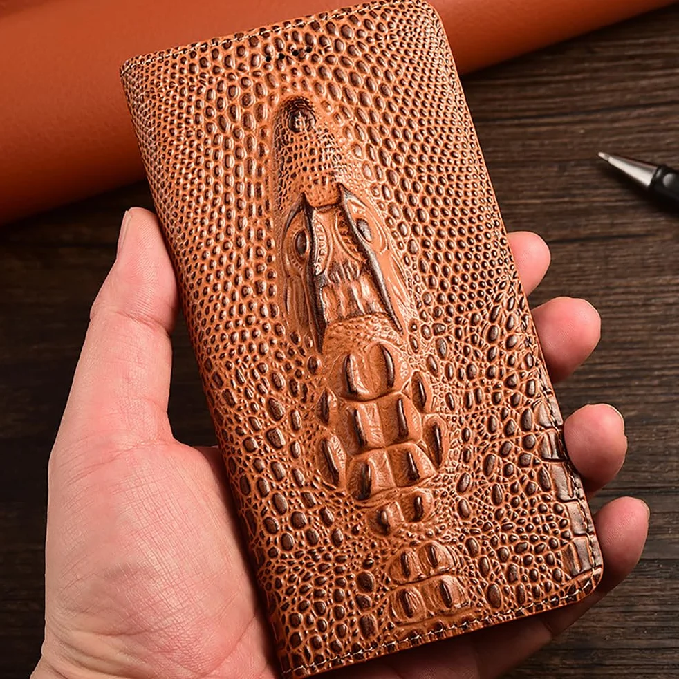 Etui portfelowe do iPhone 17 Pro Max/17 Pro/17 Air/17, etui z prawdziwej skóry, etui z klapką 3D z głową krokodyla z przegródkami na karty, brązowe, 17 ProMax