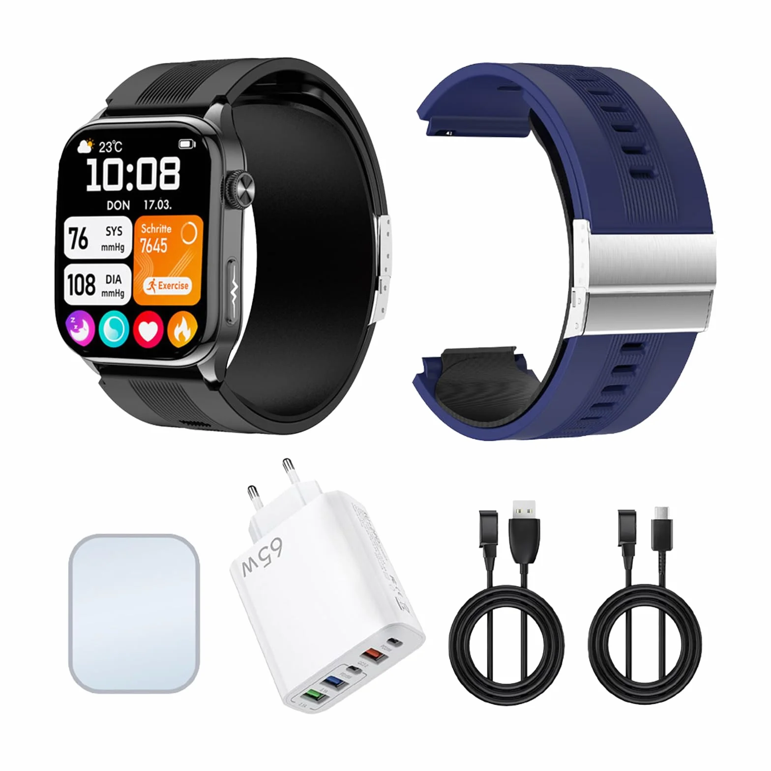 Knauermann Pro 4 Air (2026) Inteligentny zegarek i tracker fitness dla kobiet i mężczyzn, zawsze włączony AMOLED, IP66, Bluetooth 5.3, bateria do 25 dni, Android i iOS, czarny, kwadratowy