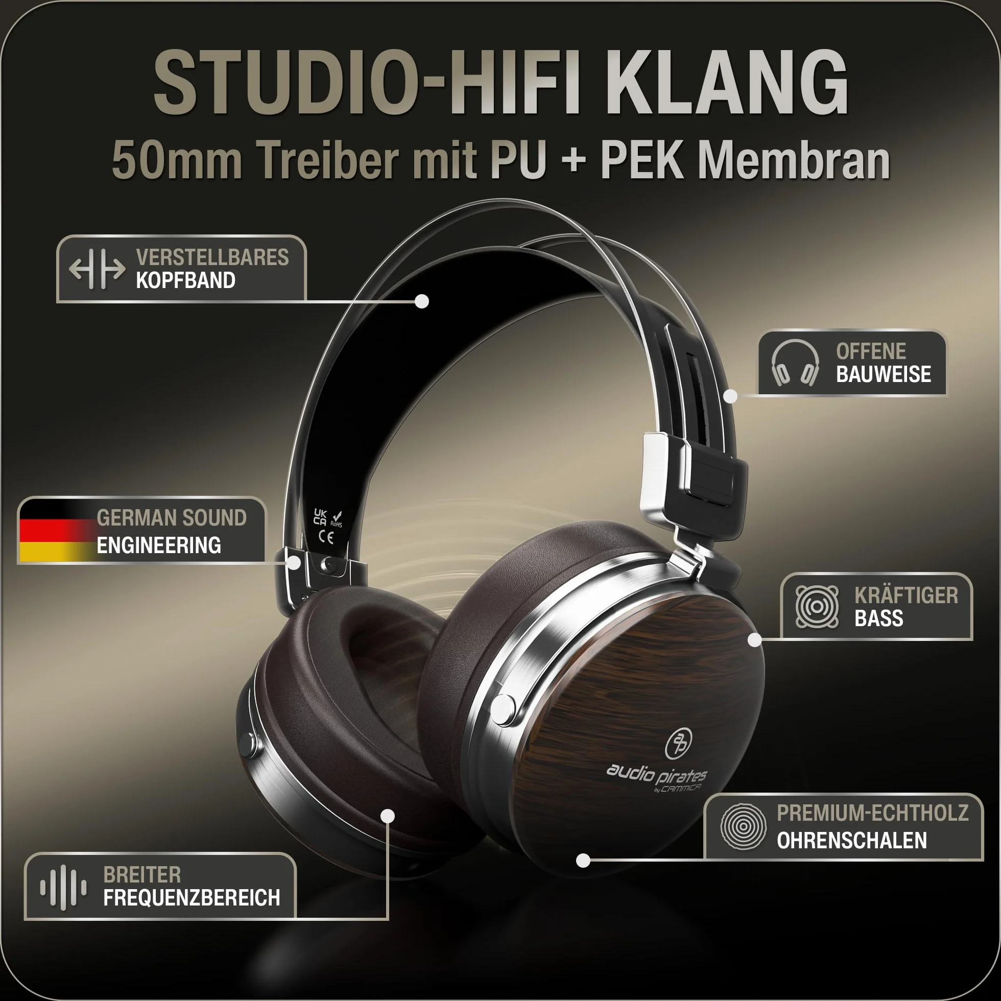 audio pirates Słuchawki nauszne, słuchawki z prawdziwego drewna, najlepszy dźwięk HiFi, słuchawki z etui, kabel 3 m + kabel 1,5 m, w zestawie mikrofon i adapter 3,5 mm i 6,3 mm – słuchawki HiFi