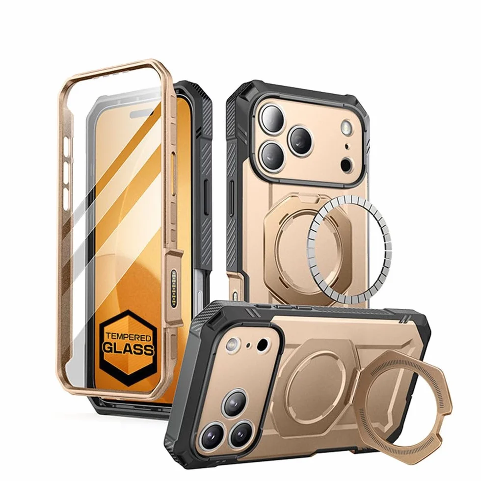 Wytrzymały, magnetyczny uchwyt na telefon do iPhone'a 17 Pro Max 17 Pro z wbudowanym zabezpieczeniem ekranu ze szkła hartowanego, etui odporne na wstrząsy, do ładowania bezprzewodowego, kolor pust