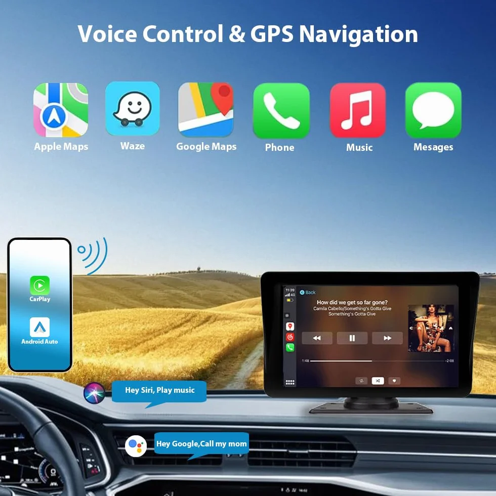 sunweyer Sunweyer Bezprzewodowy ekran samochodowy Carplay i Android, przenośne radio samochodowe, ekran dotykowy IPS 7", obsługa kamery cofania 1080p i nadajnik Bluetooth/AUX/FM