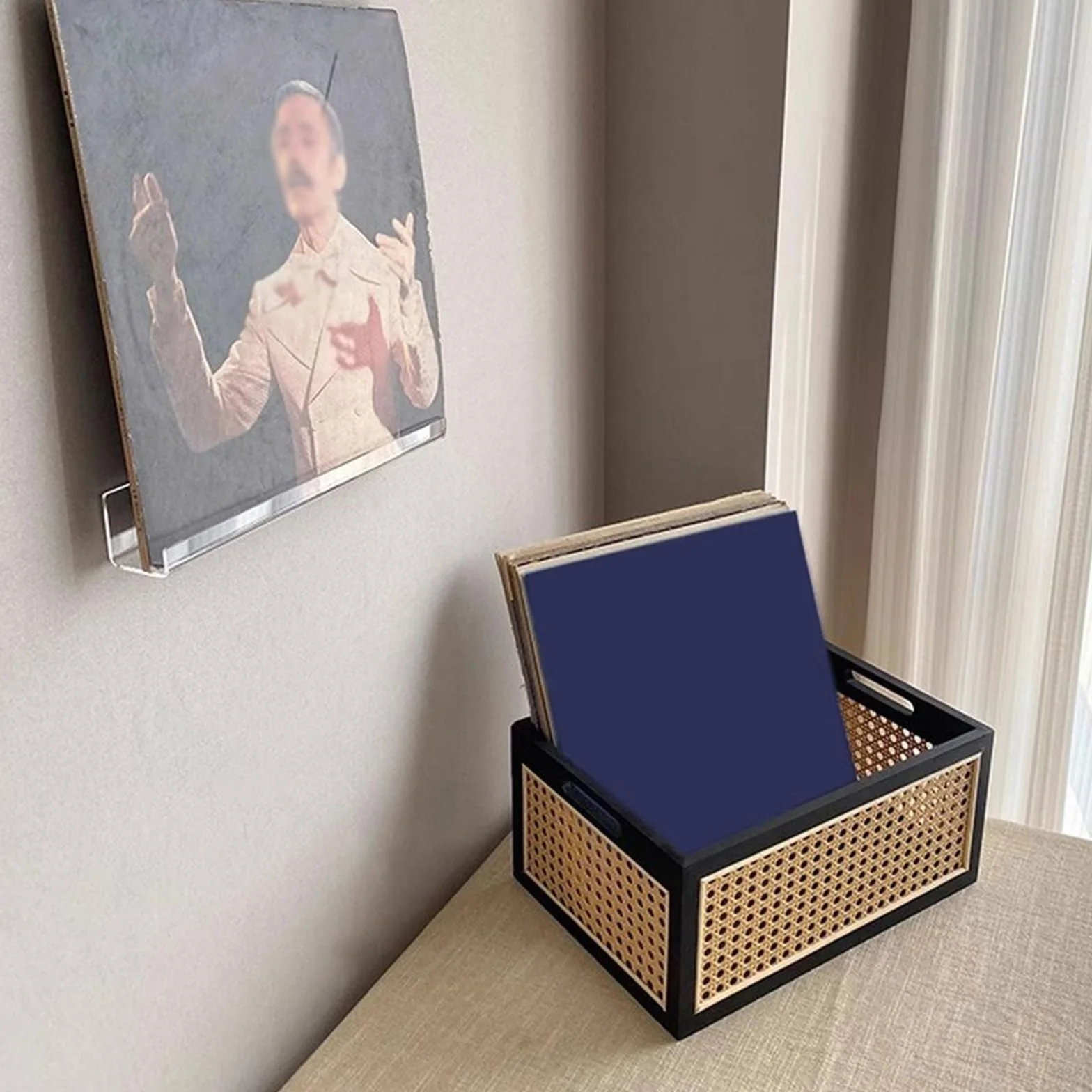 Pudełko do przechowywania płyt CD Pudełko na płyty winylowe, uniwersalne, drewniane, plecione, do przechowywania albumów CD i książek na studia