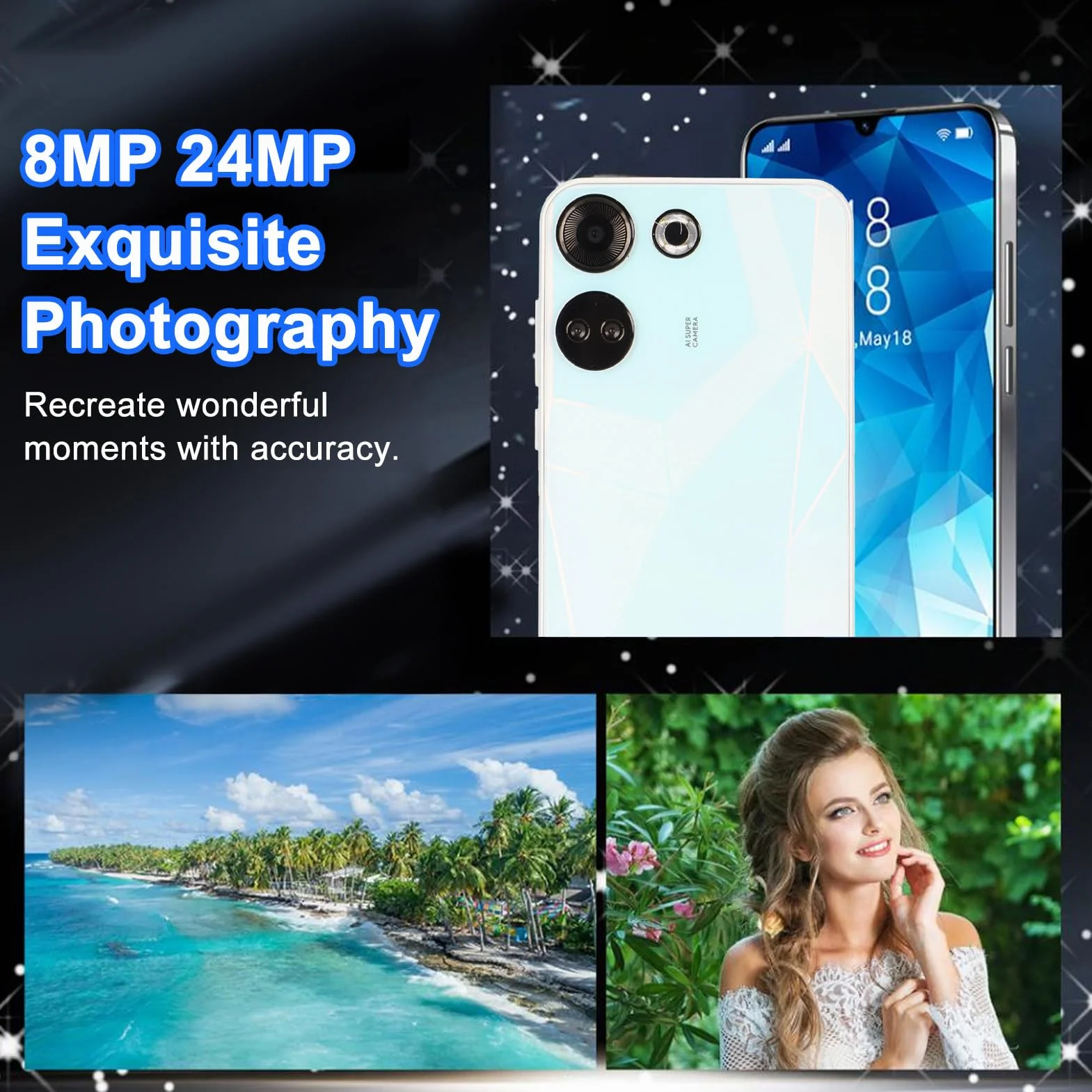C20 Pro Smart Phone, 6,49 Cala Ekran HD 8 GB RAM 64 GB ROM MT6580A CPU 24MP Tylna Kamera 8000 MAh Bateria z Rozpoznawaniem Twarzy, na 12 (WHITE)